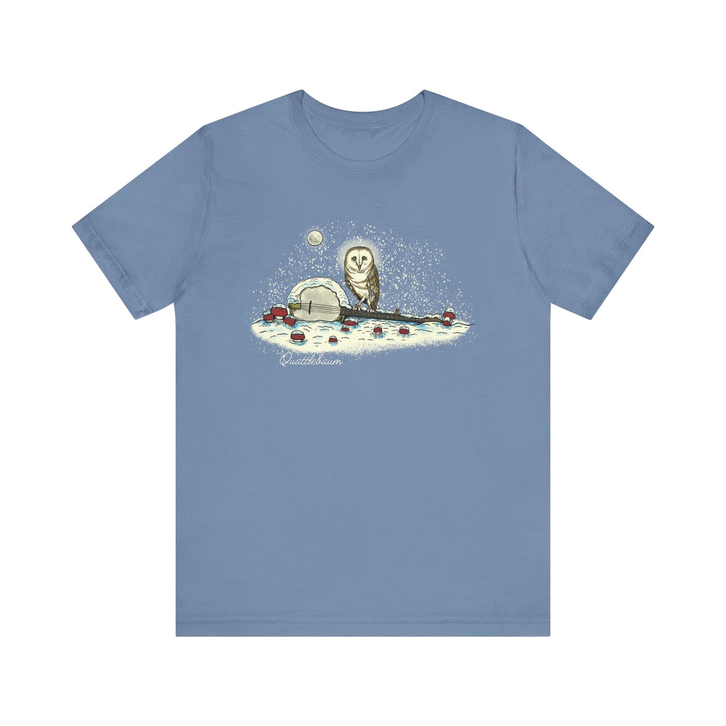 Barn Owl on a Snowy Banjo with Mushrooms ~ Quattlebaum Tee ~