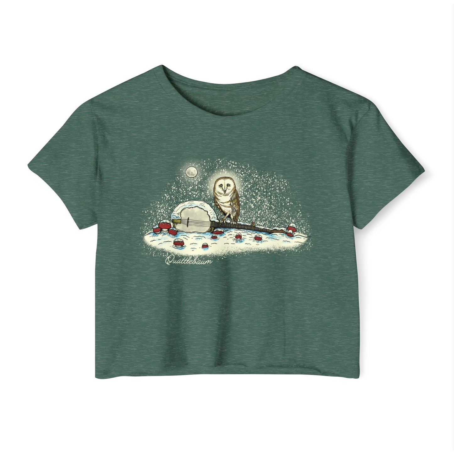 Barn Owl on a Snowy Banjo with Mushrooms! Quattlebaum Crop Top