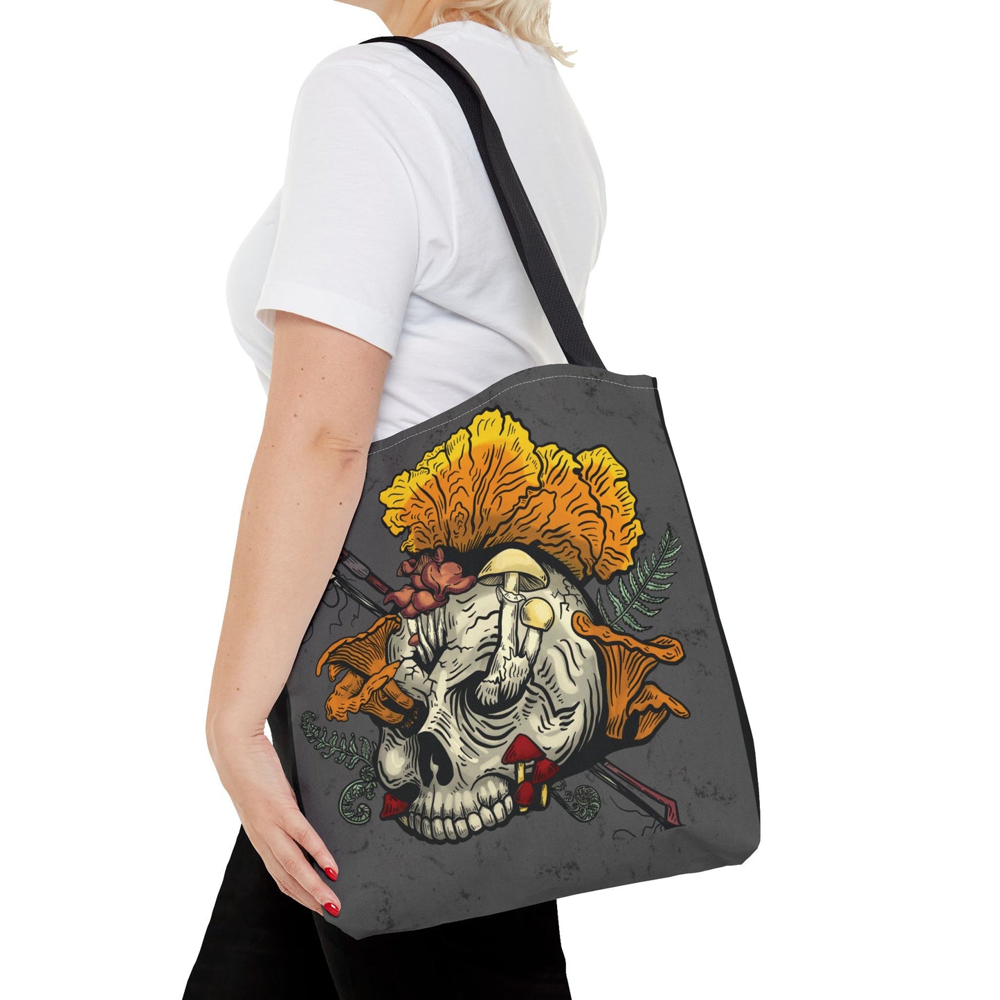Halloween Skull with Mushrooms Tote Bag Treat Collecter (Skull bursting with chanterelles, witches hat, psilocib3 mushrooms and more)