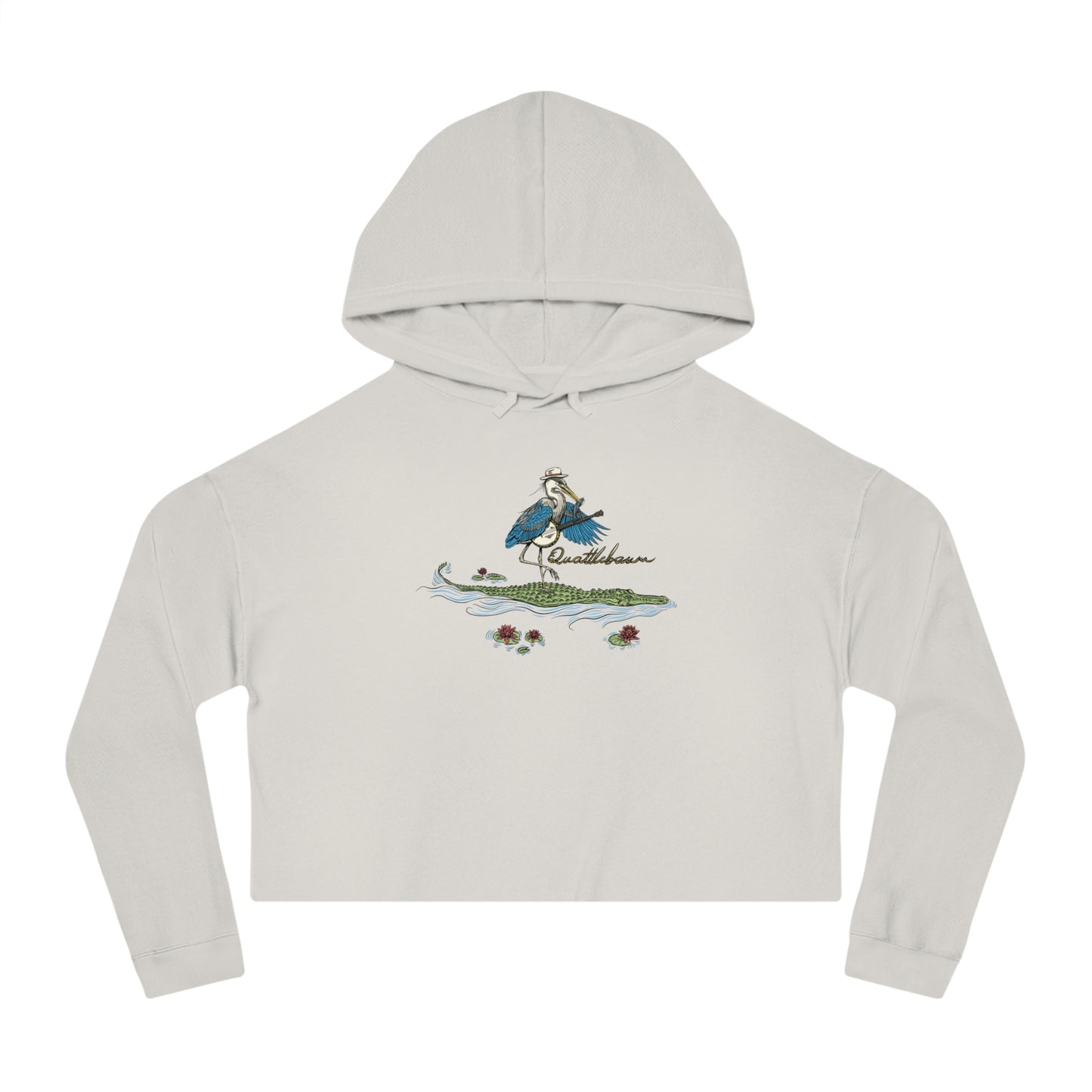 Blue Heron Playing Banjo on an Alligator ~ Quattlebaum Cropped Hoodie ~