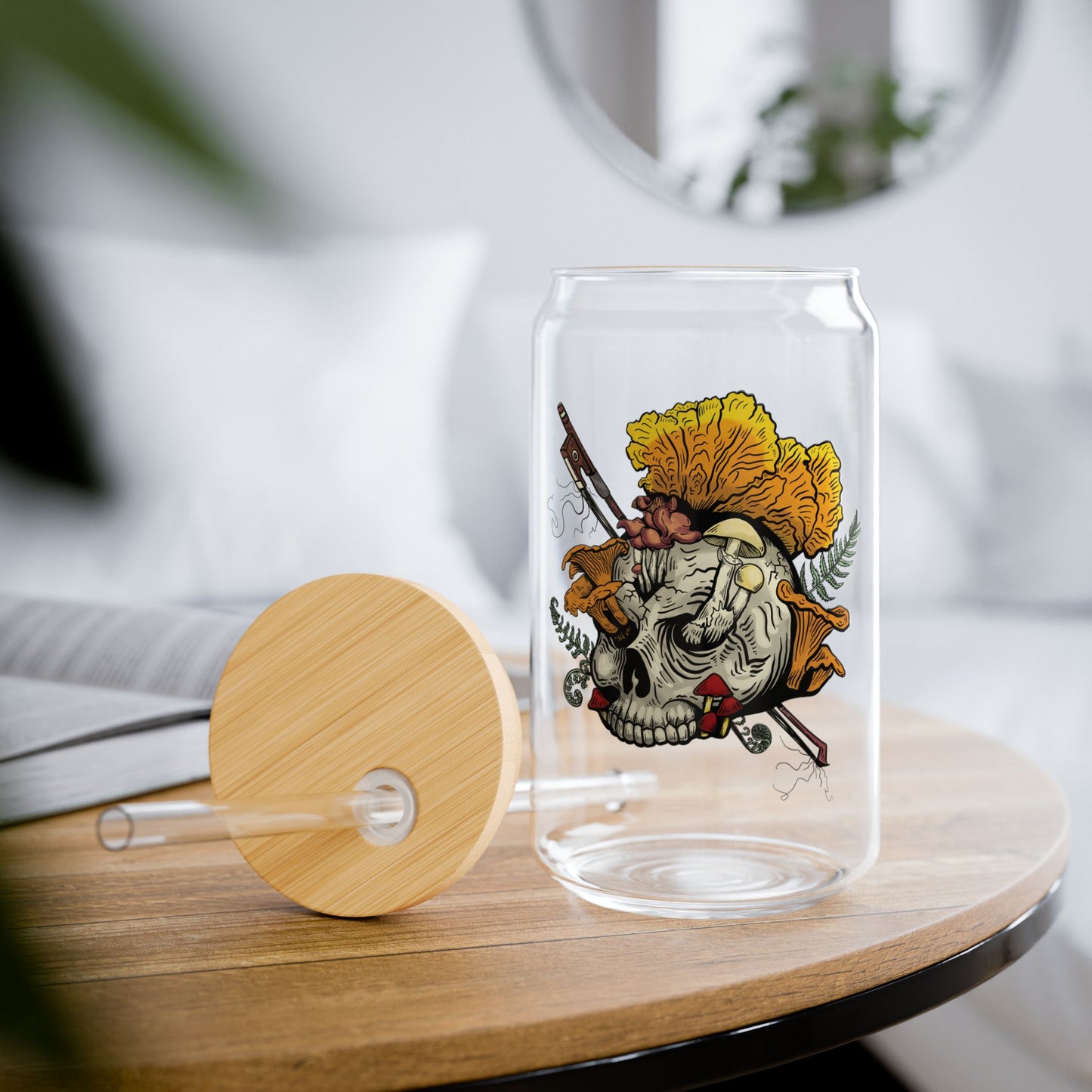 Halloween Skull with Mushrooms 16 0z. Sipper Glass (Skull bursting with chanterelles, witches hat, psilocib3 mushrooms and more)