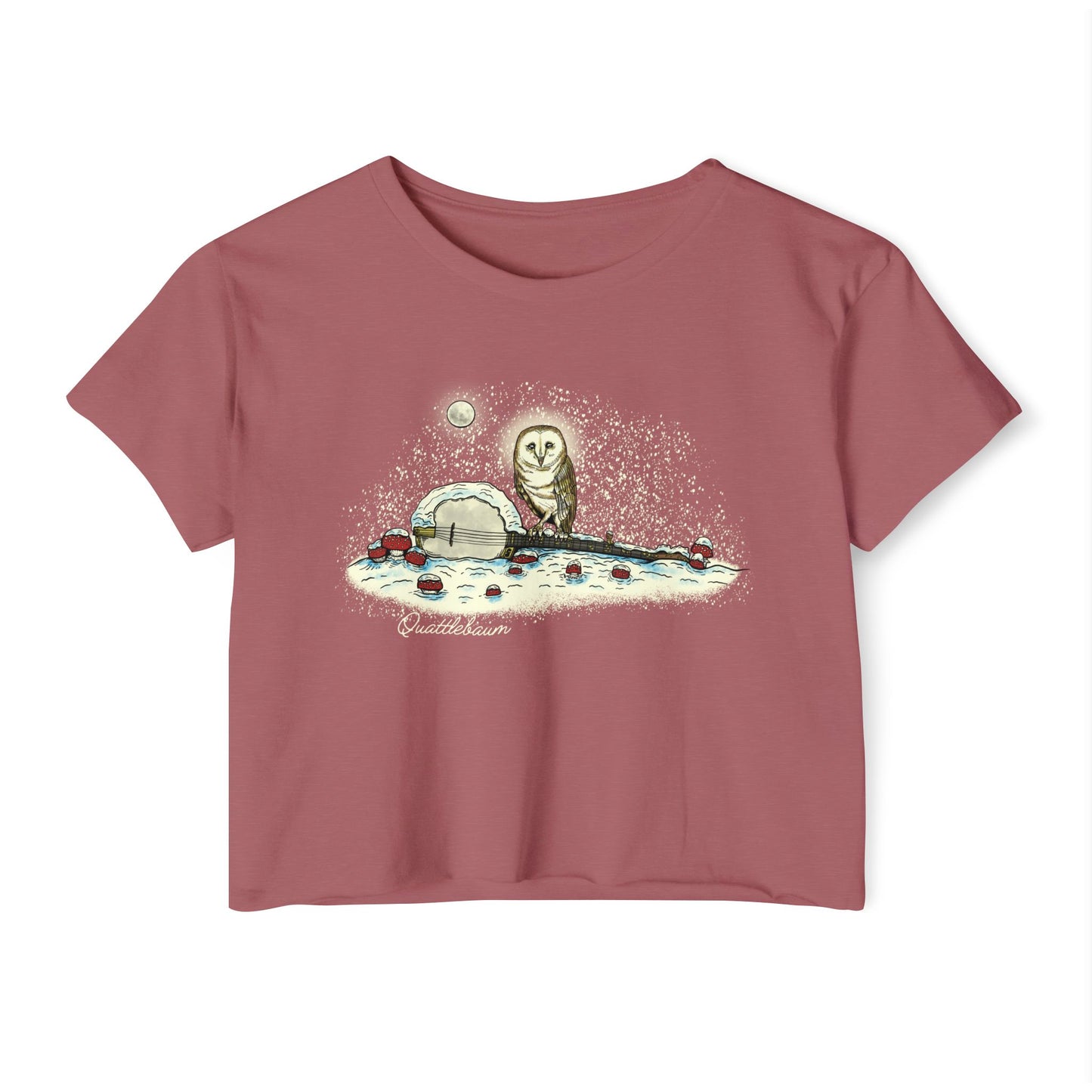 Barn Owl on a Snowy Banjo with Mushrooms! Quattlebaum Crop Top