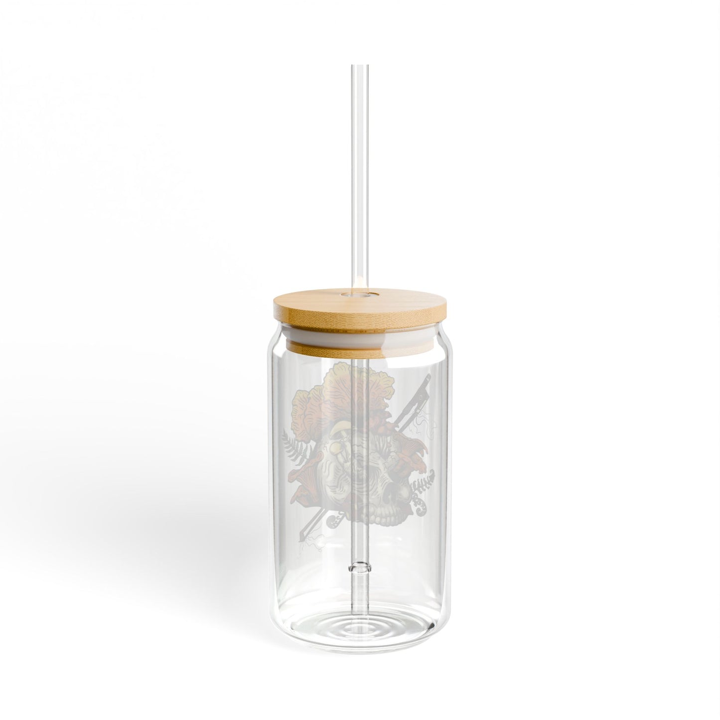 Halloween Skull with Mushrooms 16 0z. Sipper Glass (Skull bursting with chanterelles, witches hat, psilocib3 mushrooms and more)