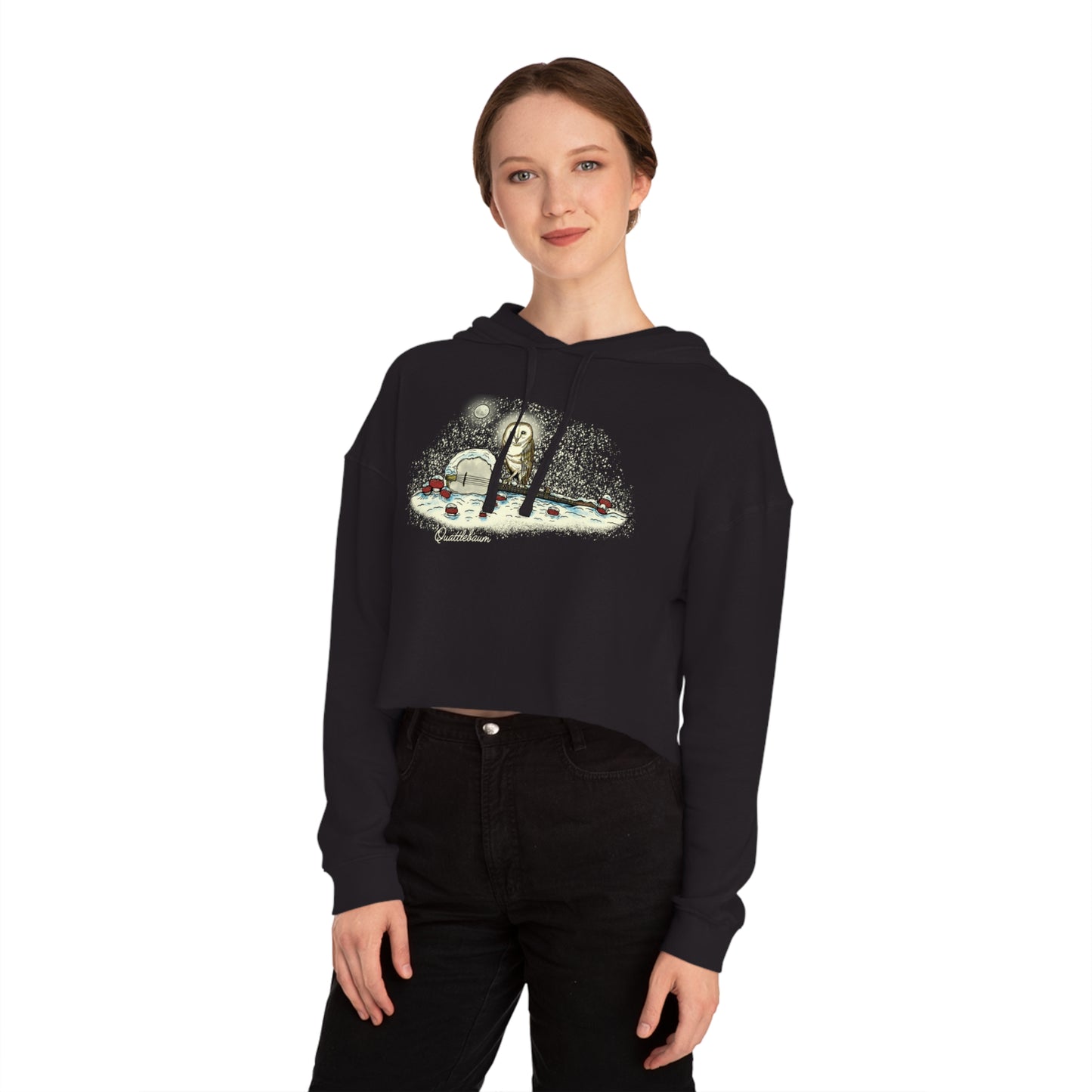 Barn Owl on a Snowy Banjo with Mushrooms! Quattlebaum Cropped Hoodie