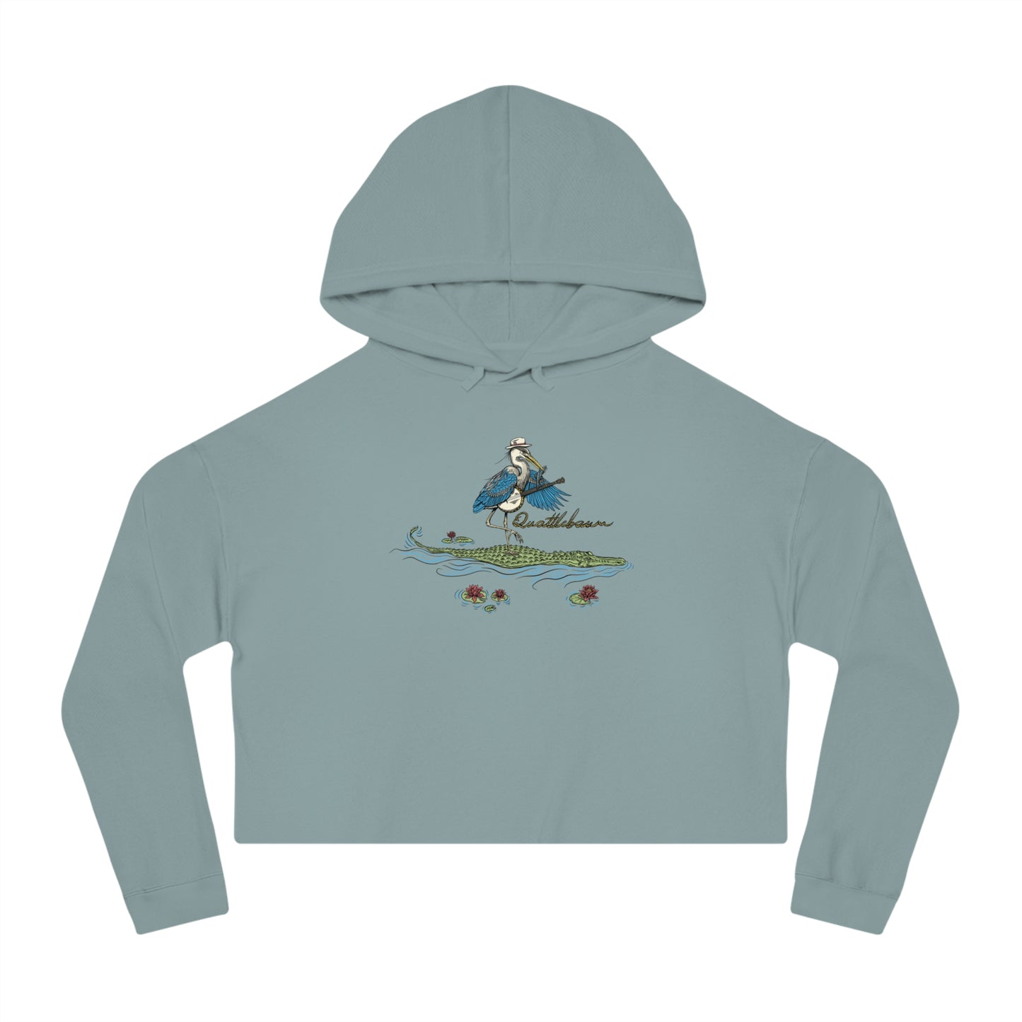Blue Heron Playing Banjo on an Alligator ~ Quattlebaum Cropped Hoodie ~