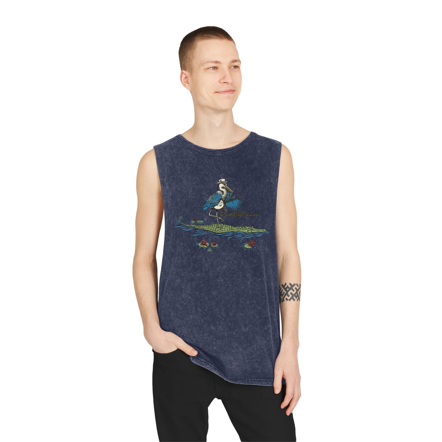 Blue Heron Playing Banjo on an Alligator ~ Quattlebaum Stonewash Tank Top ~