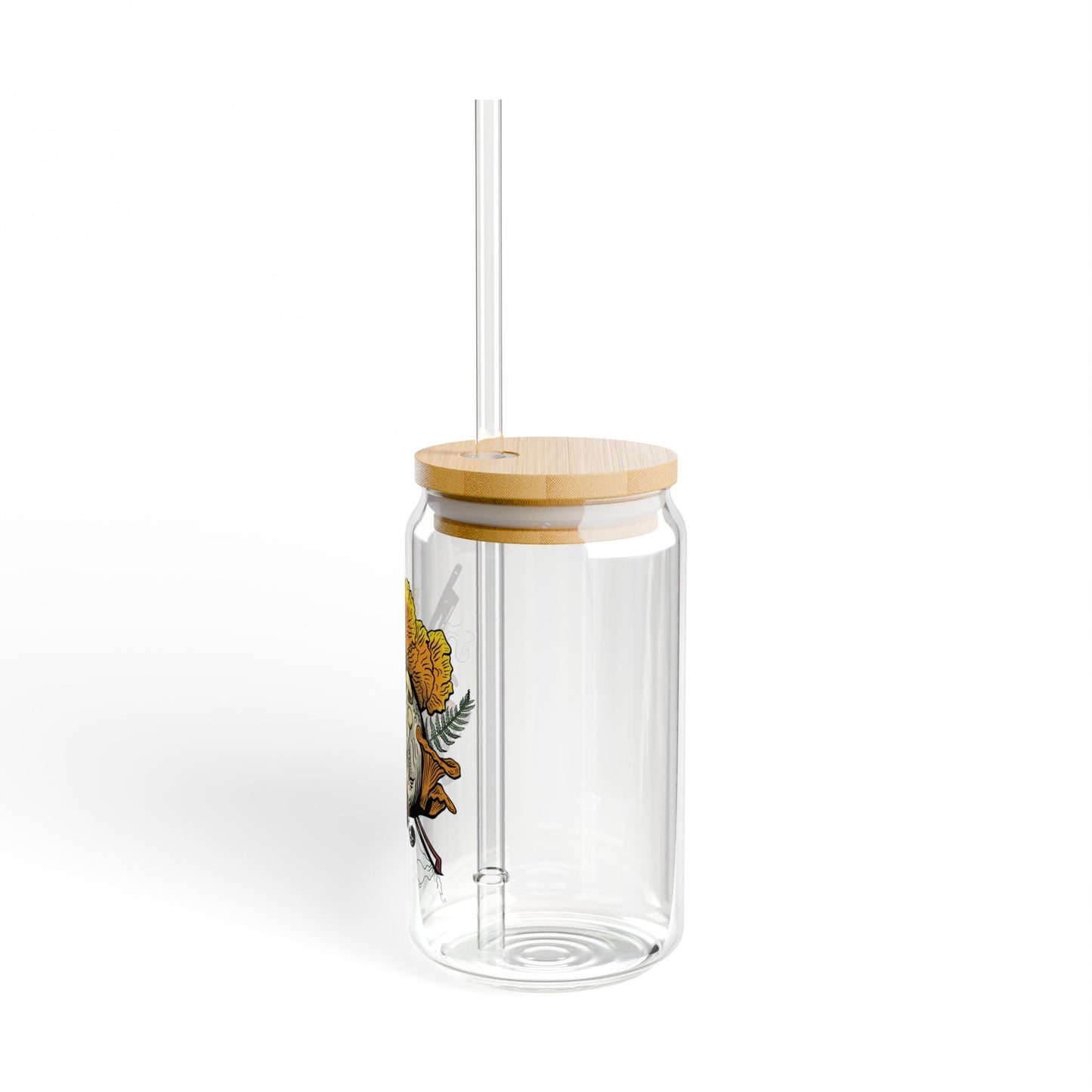 Halloween Skull with Mushrooms 16 0z. Sipper Glass (Skull bursting with chanterelles, witches hat, psilocib3 mushrooms and more)
