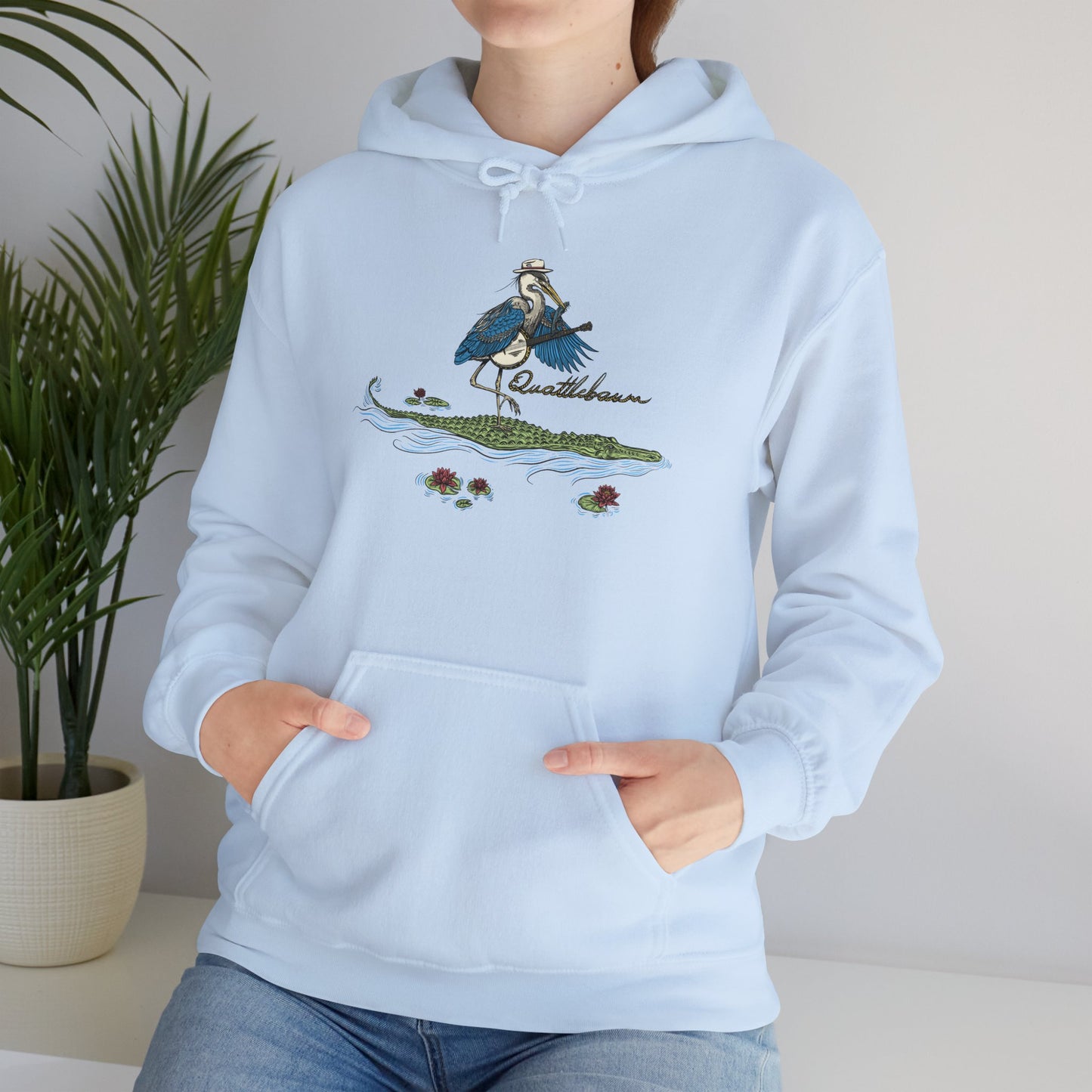 Blue Heron Playing Banjo on an Alligator ~ Quattlebaum Hoodie~