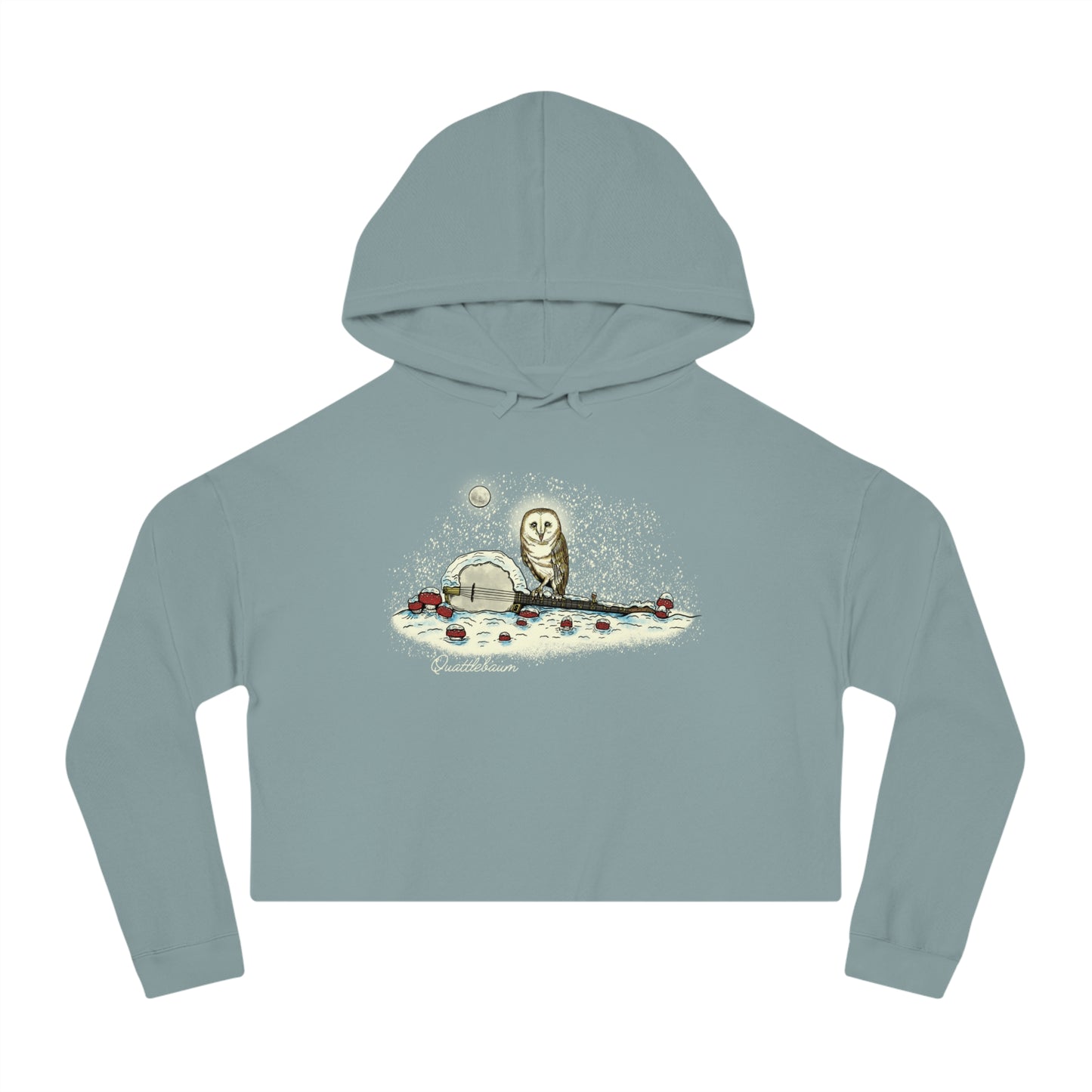 Barn Owl on a Snowy Banjo with Mushrooms! Quattlebaum Cropped Hoodie