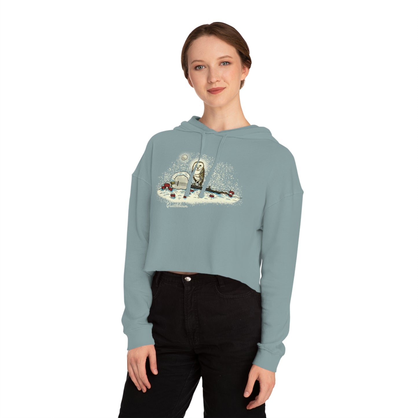 Barn Owl on a Snowy Banjo with Mushrooms! Quattlebaum Cropped Hoodie