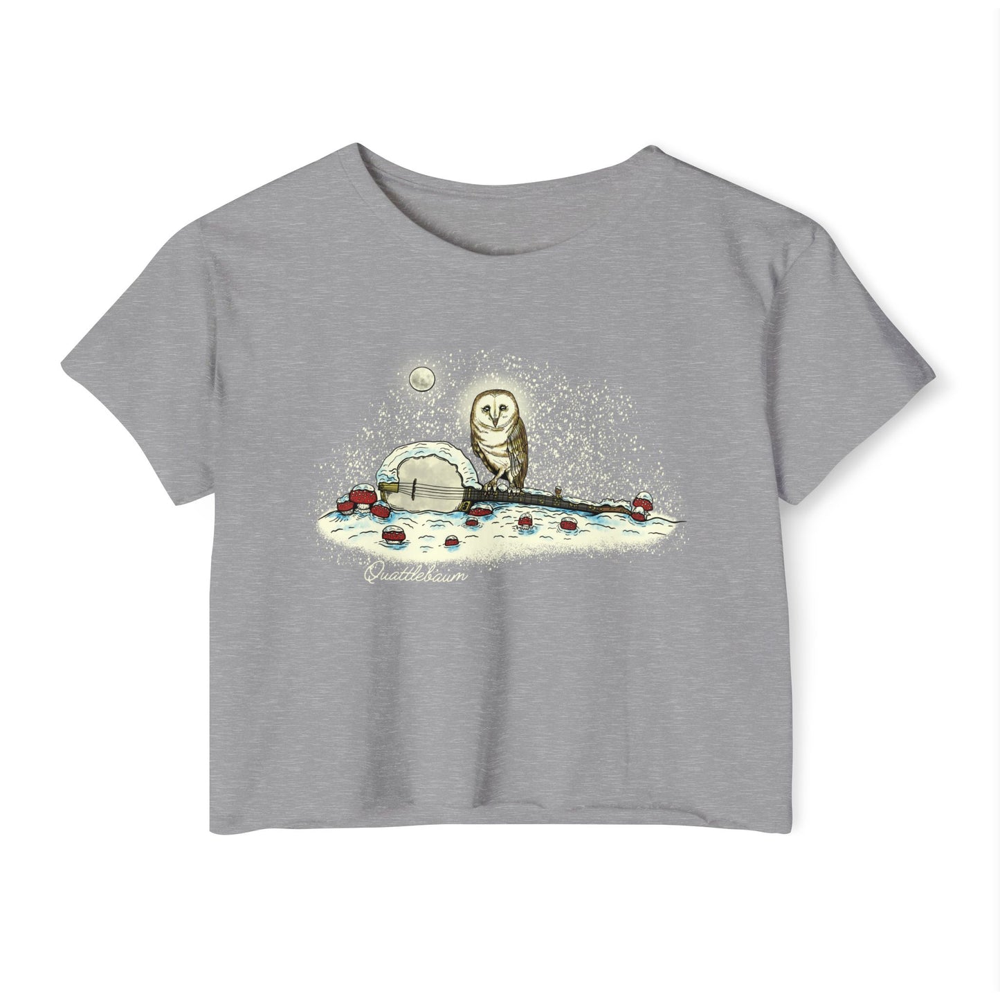Barn Owl on a Snowy Banjo with Mushrooms! Quattlebaum Crop Top
