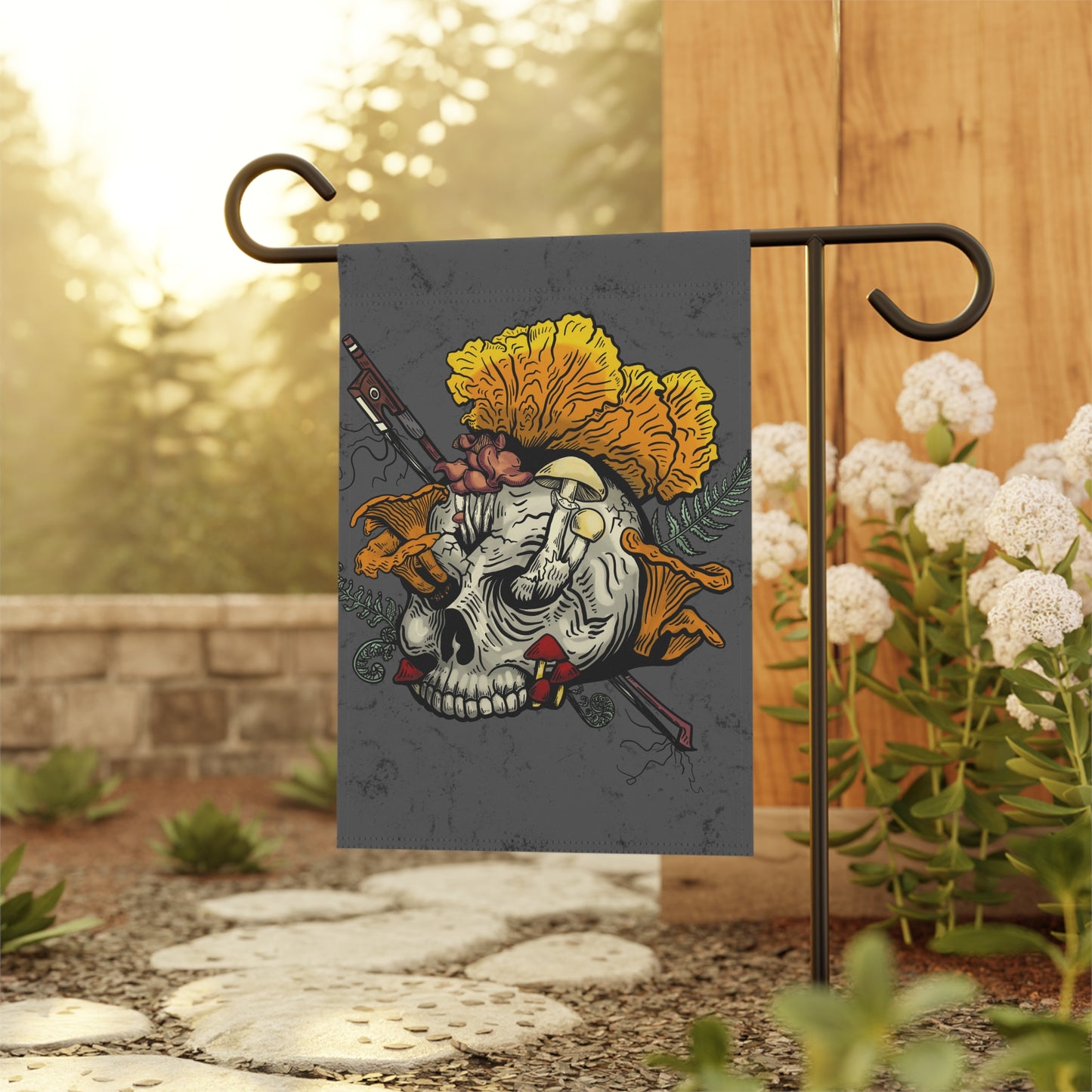 Halloween Skull with Mushrooms Garden / House Banner (Skull bursting with chanterelles, witches hat, psilocib3 mushrooms and more)