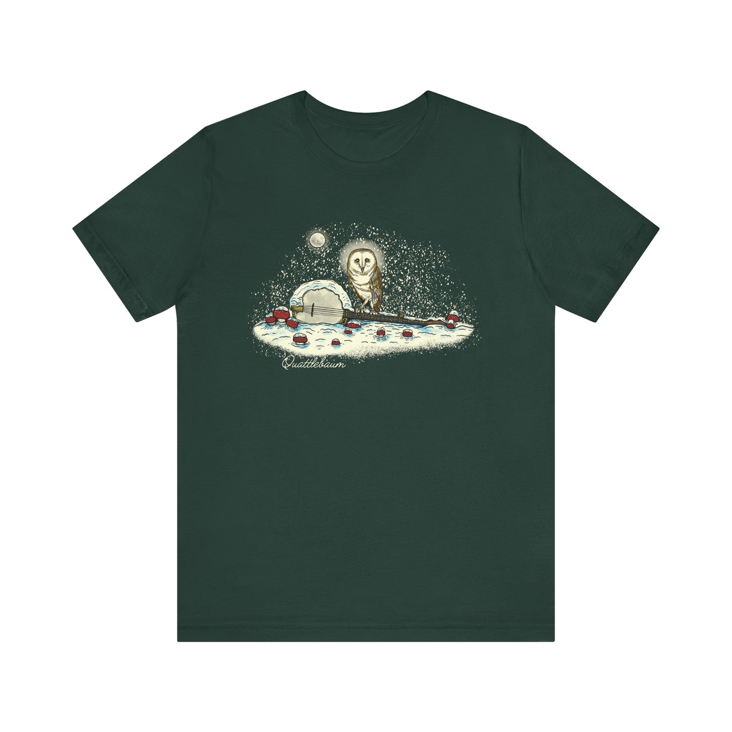 Barn Owl on a Snowy Banjo with Mushrooms ~ Quattlebaum Tee ~