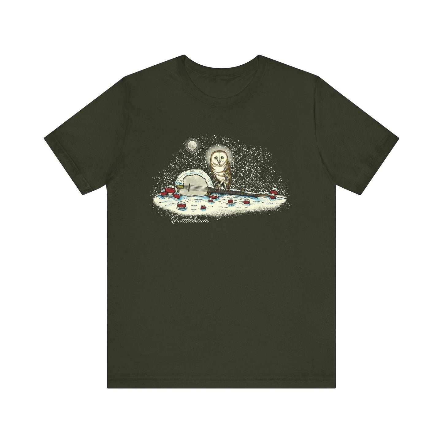 Barn Owl on a Snowy Banjo with Mushrooms ~ Quattlebaum Tee ~
