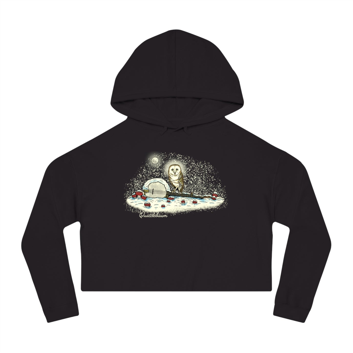 Barn Owl on a Snowy Banjo with Mushrooms! Quattlebaum Cropped Hoodie