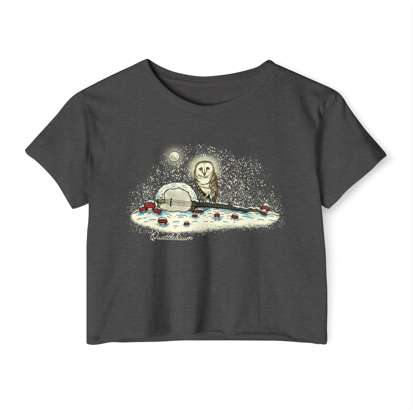 Barn Owl on a Snowy Banjo with Mushrooms! Quattlebaum Crop Top