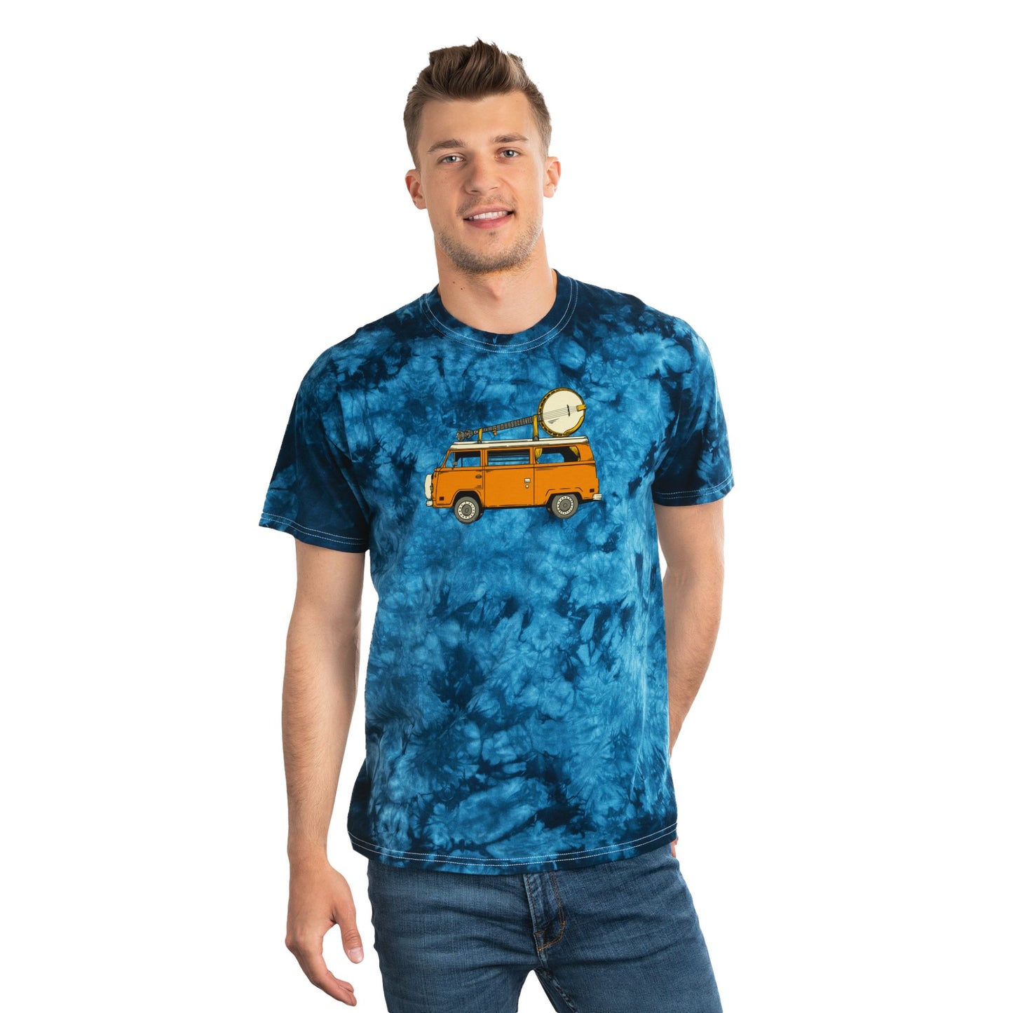 Camper Van with a Banjo Strapped on the Roof! Tie Dye Tee ~