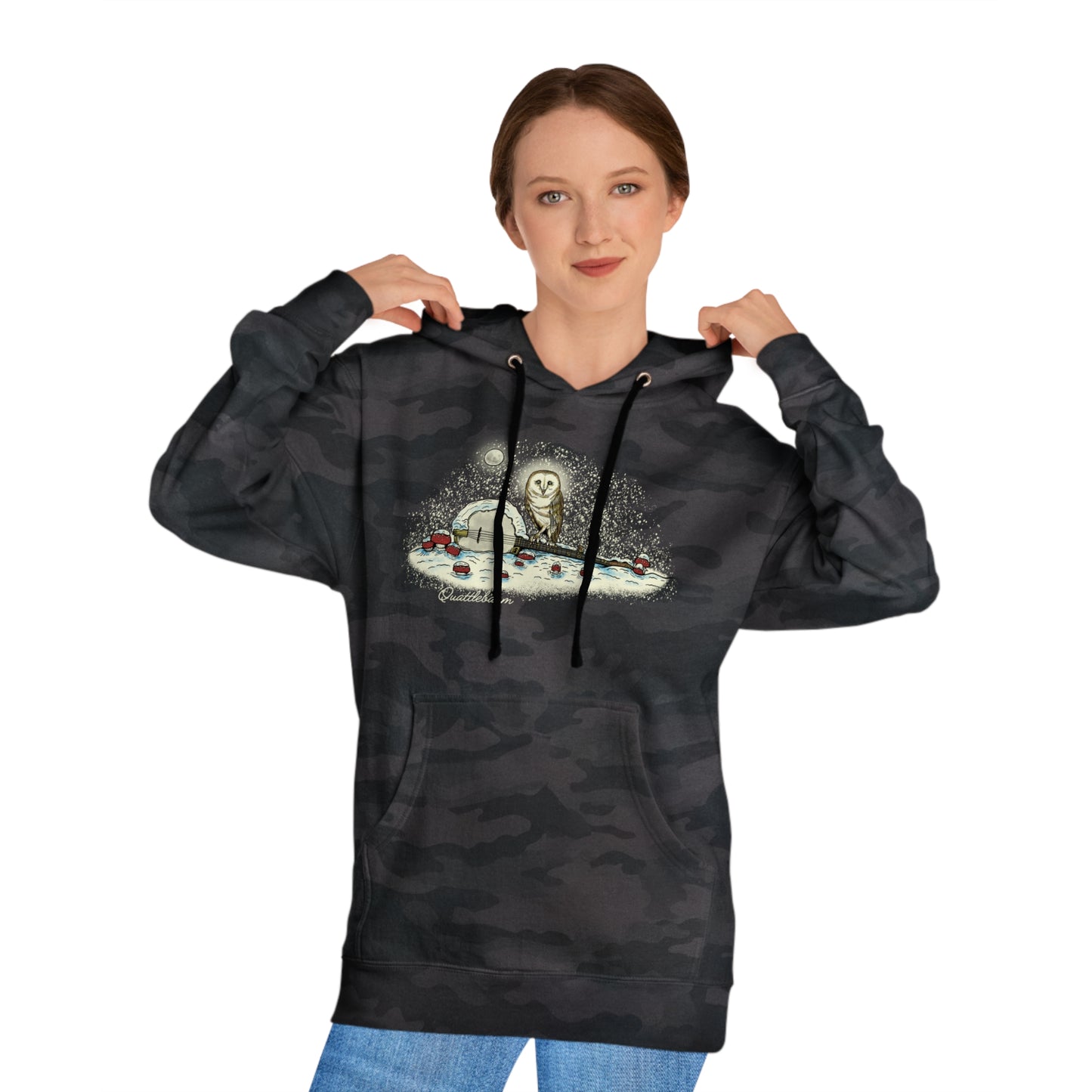Barn Owl on a Snowy Banjo with Mushrooms! Quattlebaum Hoodie