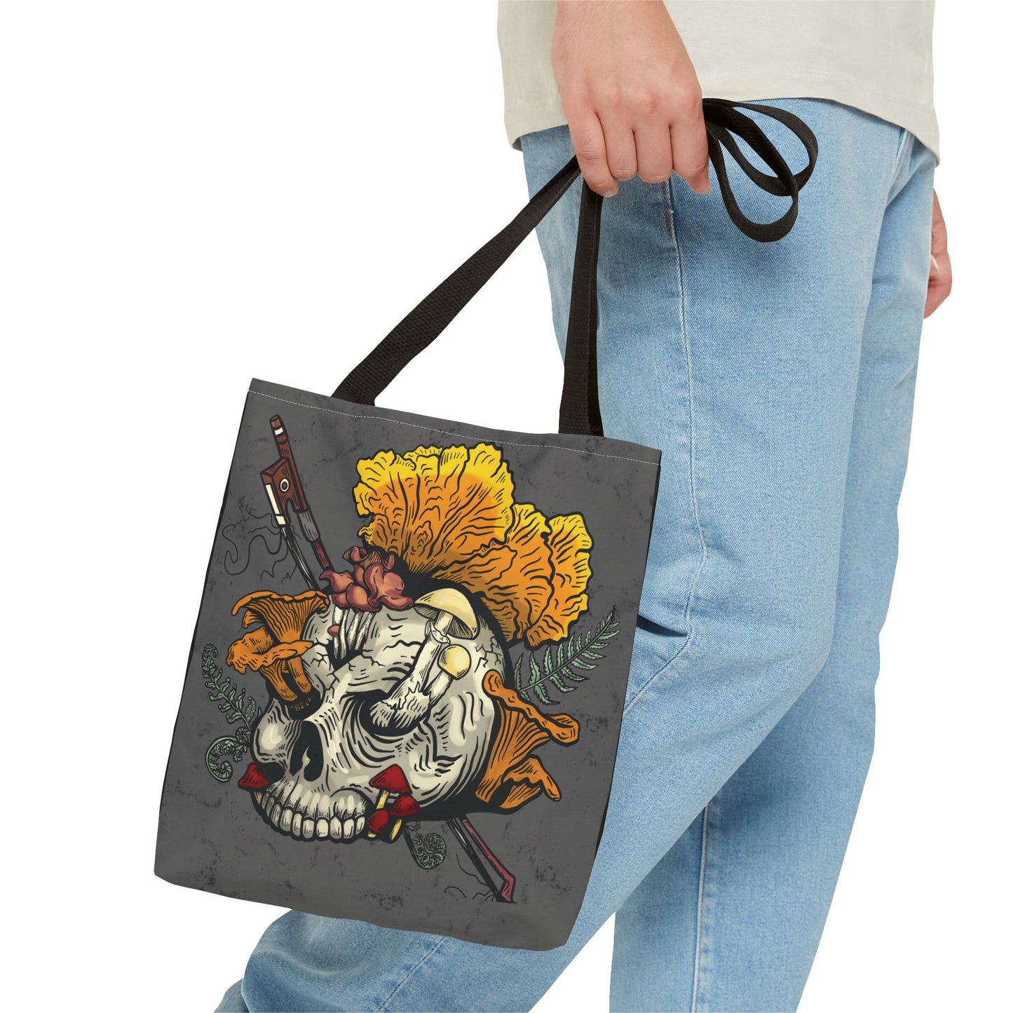 Halloween Skull with Mushrooms Tote Bag Treat Collecter (Skull bursting with chanterelles, witches hat, psilocib3 mushrooms and more)