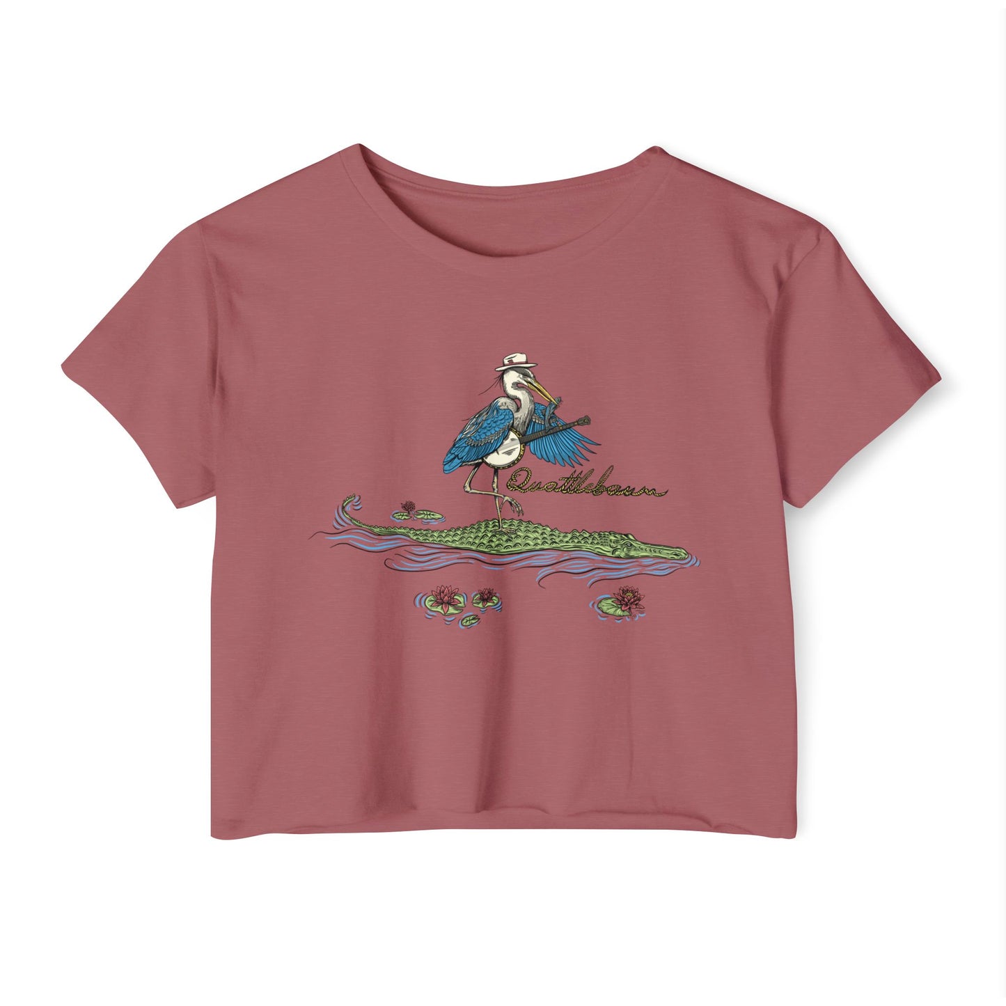 Blue Heron Playing Banjo on an Alligator ~ Quattlebaum Crop Top ~