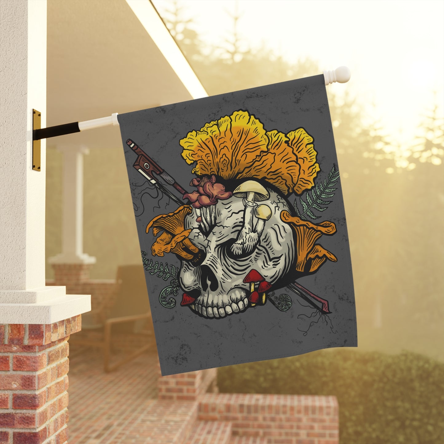 Halloween Skull with Mushrooms Garden / House Banner (Skull bursting with chanterelles, witches hat, psilocib3 mushrooms and more)