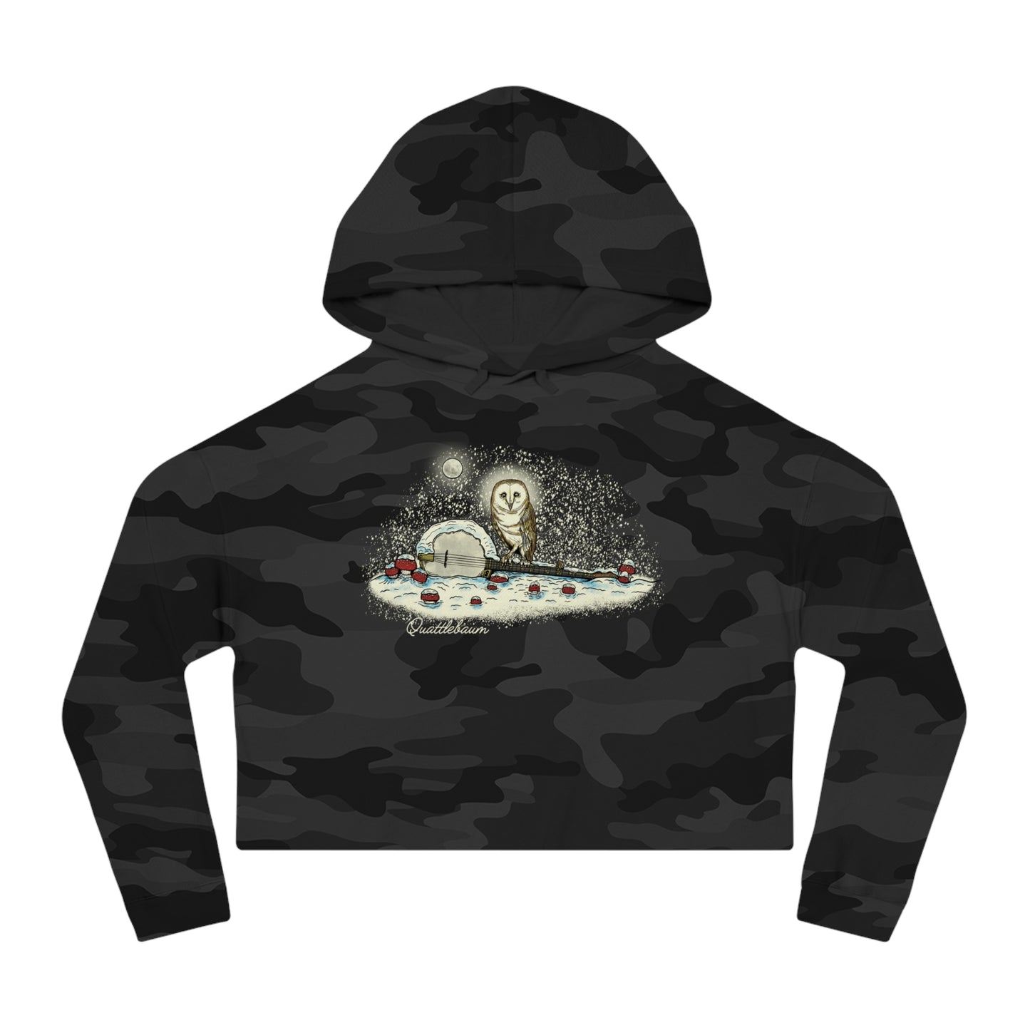 Barn Owl on a Snowy Banjo with Mushrooms! Quattlebaum Cropped Hoodie