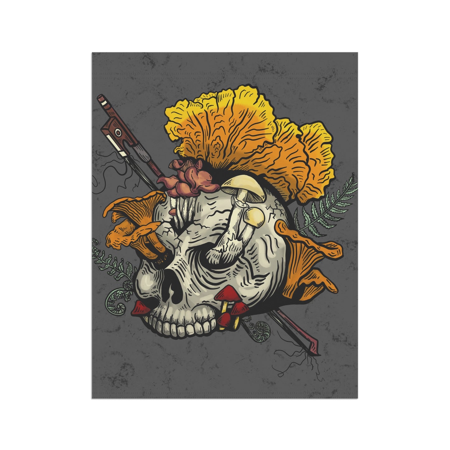 Halloween Skull with Mushrooms Garden / House Banner (Skull bursting with chanterelles, witches hat, psilocib3 mushrooms and more)