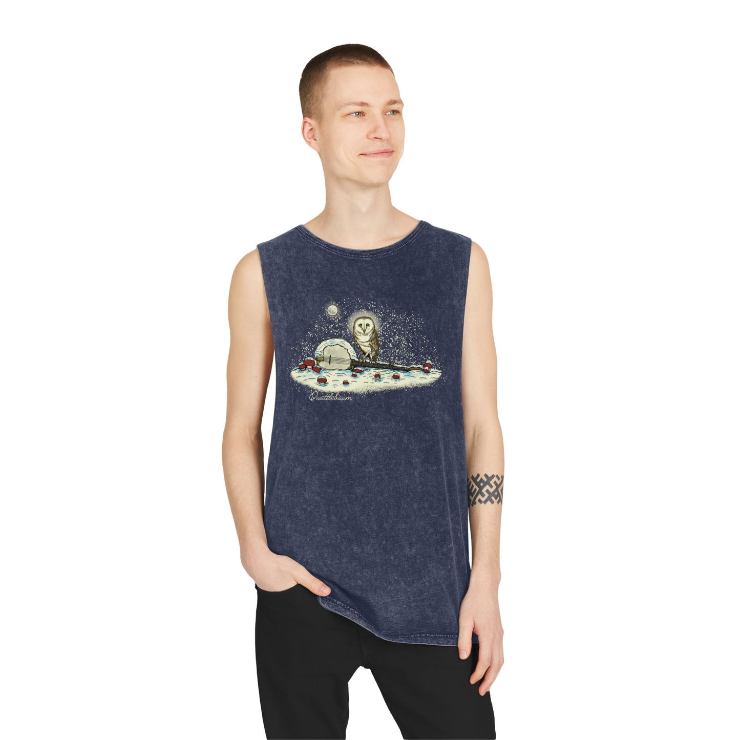 Barn Owl on a Snowy Banjo with Mushrooms ~ Quattlebaum Stonewash Tank Top ~