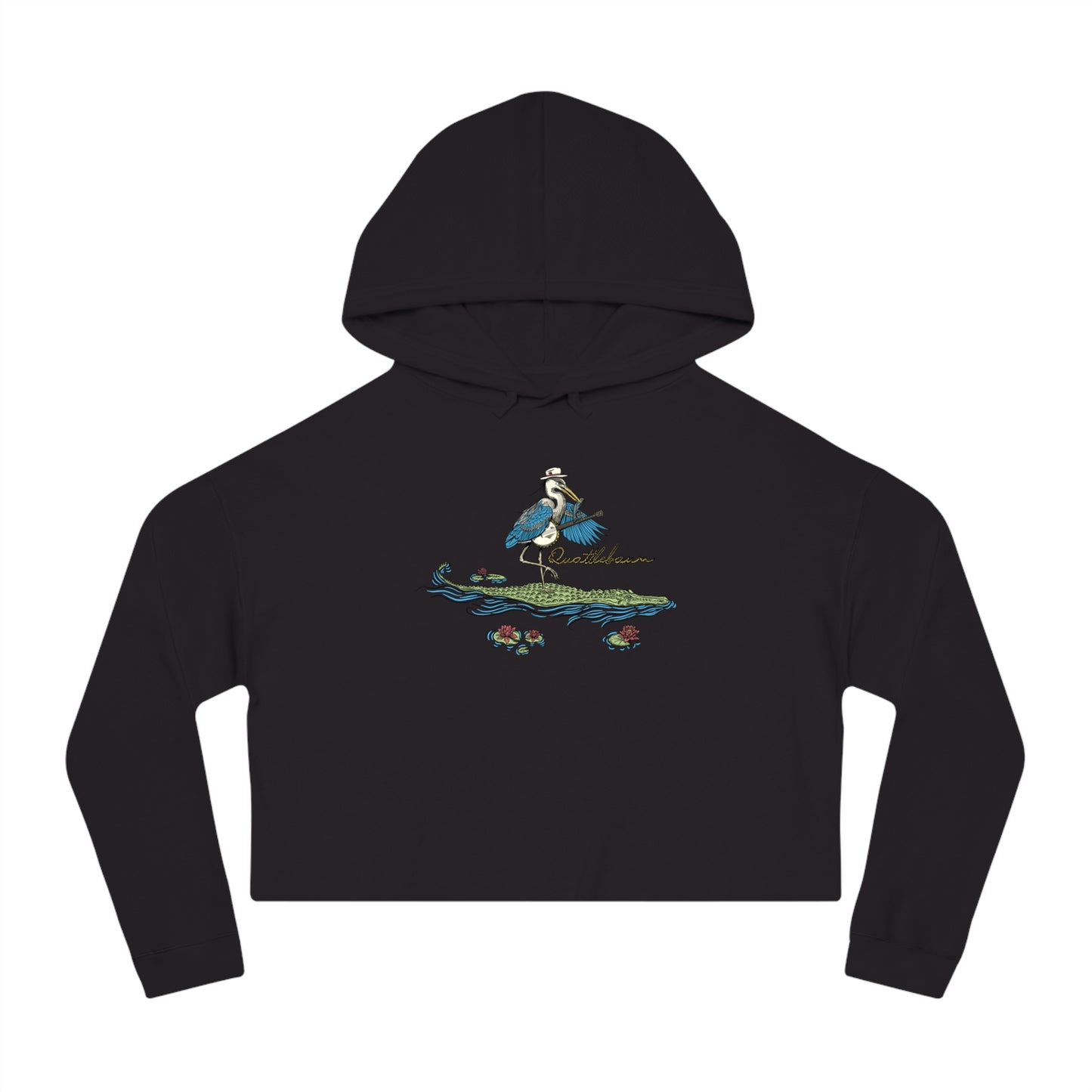 Blue Heron Playing Banjo on an Alligator ~ Quattlebaum Cropped Hoodie ~