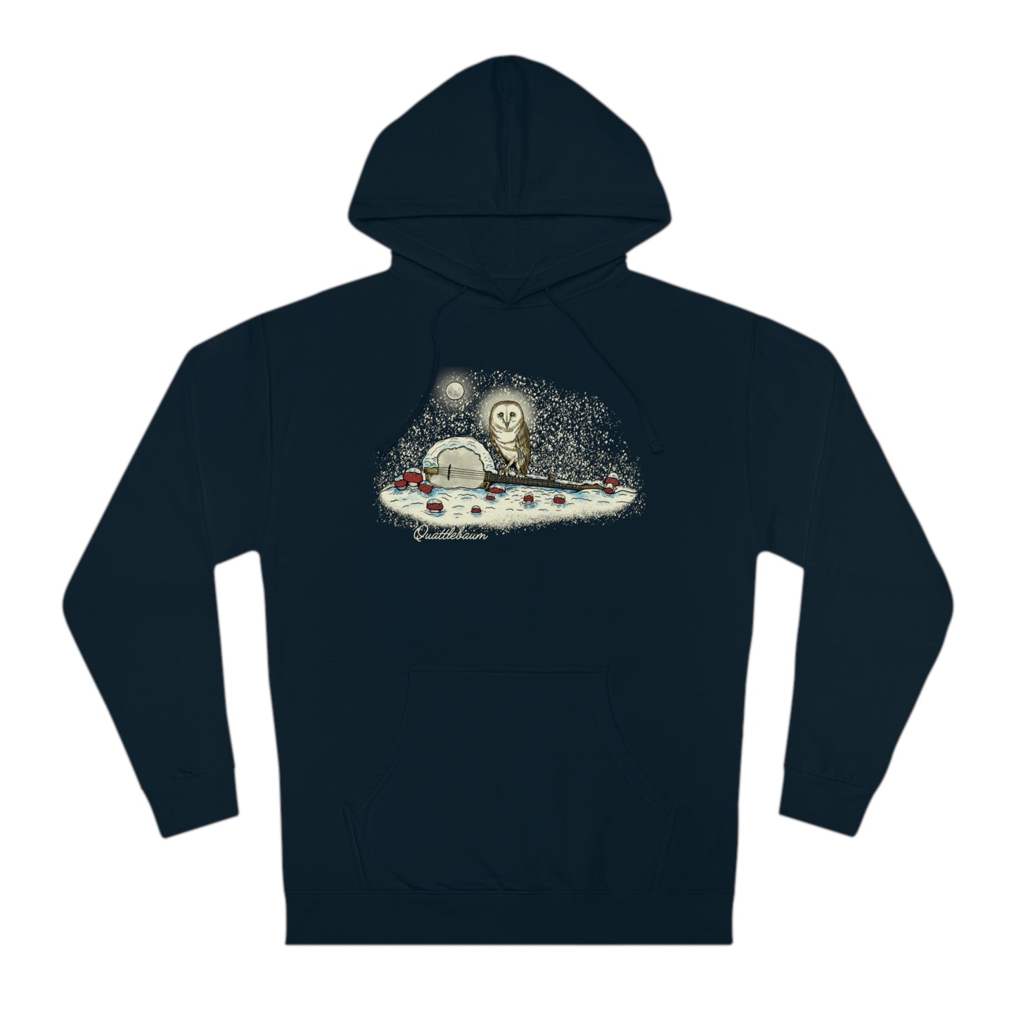 Barn Owl on a Snowy Banjo with Mushrooms! Quattlebaum Hoodie