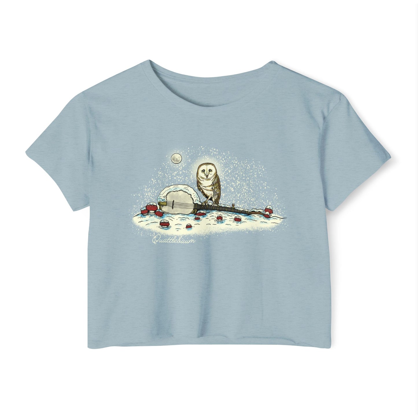 Barn Owl on a Snowy Banjo with Mushrooms! Quattlebaum Crop Top