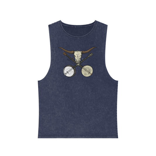 Double Banjo Bull Skull ~ Quattlebaum Stonewash Tank Top ~