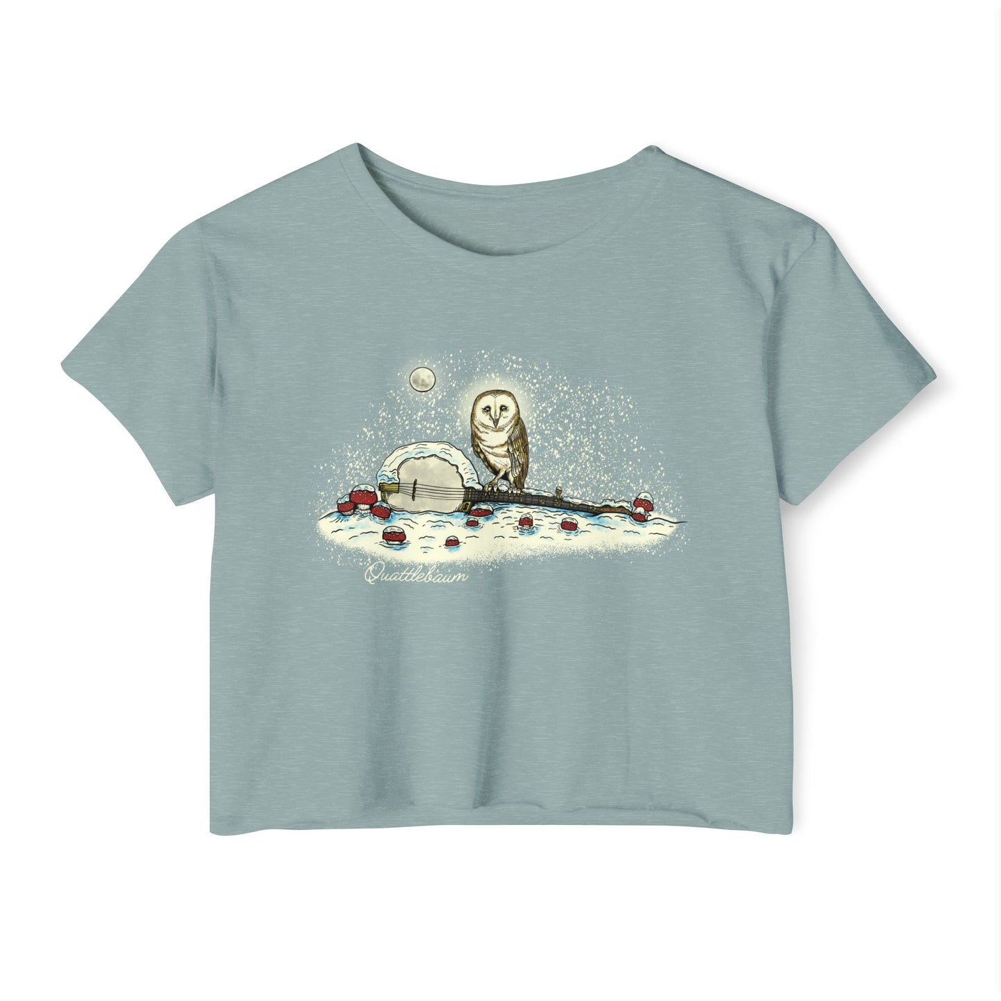 Barn Owl on a Snowy Banjo with Mushrooms! Quattlebaum Crop Top