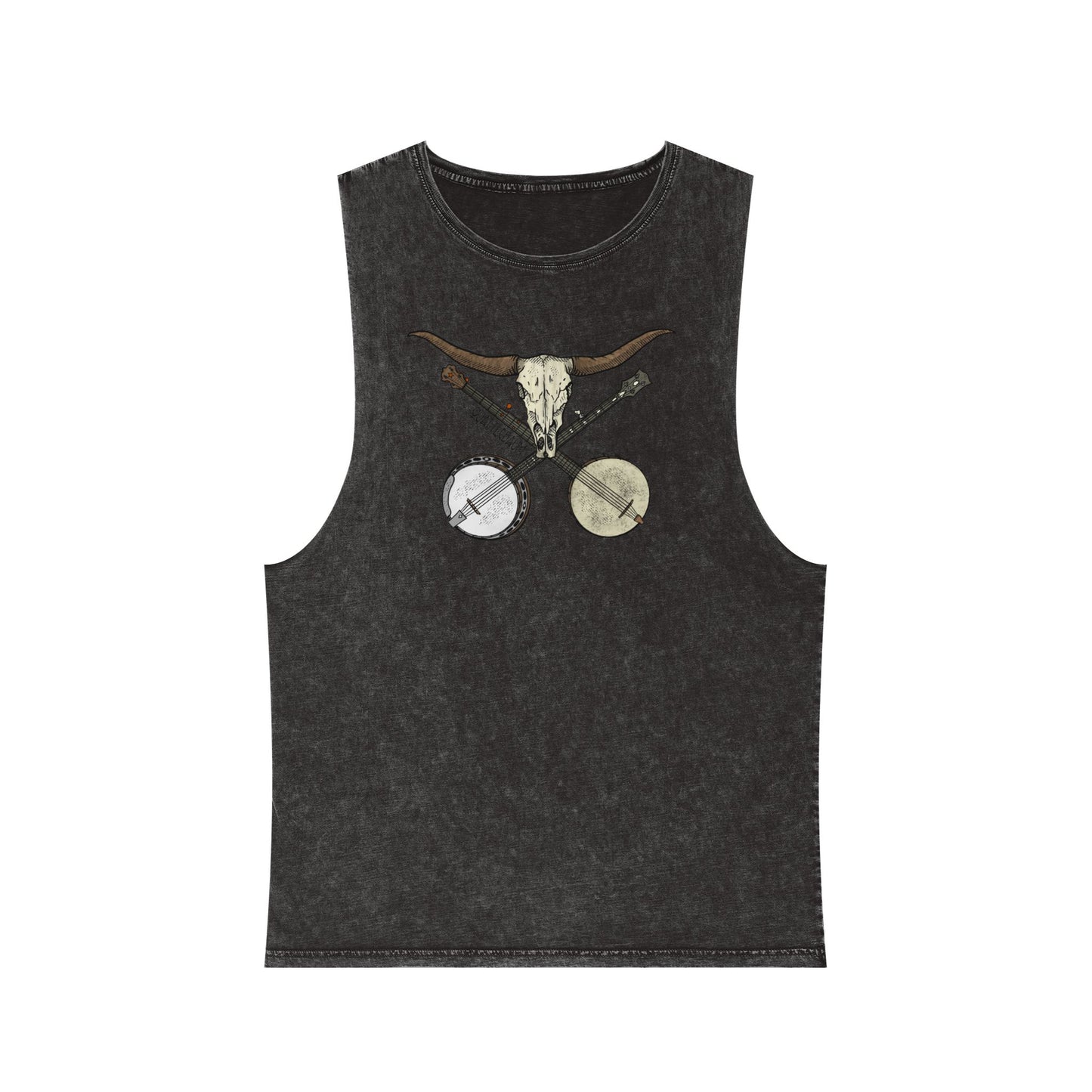Double Banjo Bull Skull ~ Quattlebaum Stonewash Tank Top ~