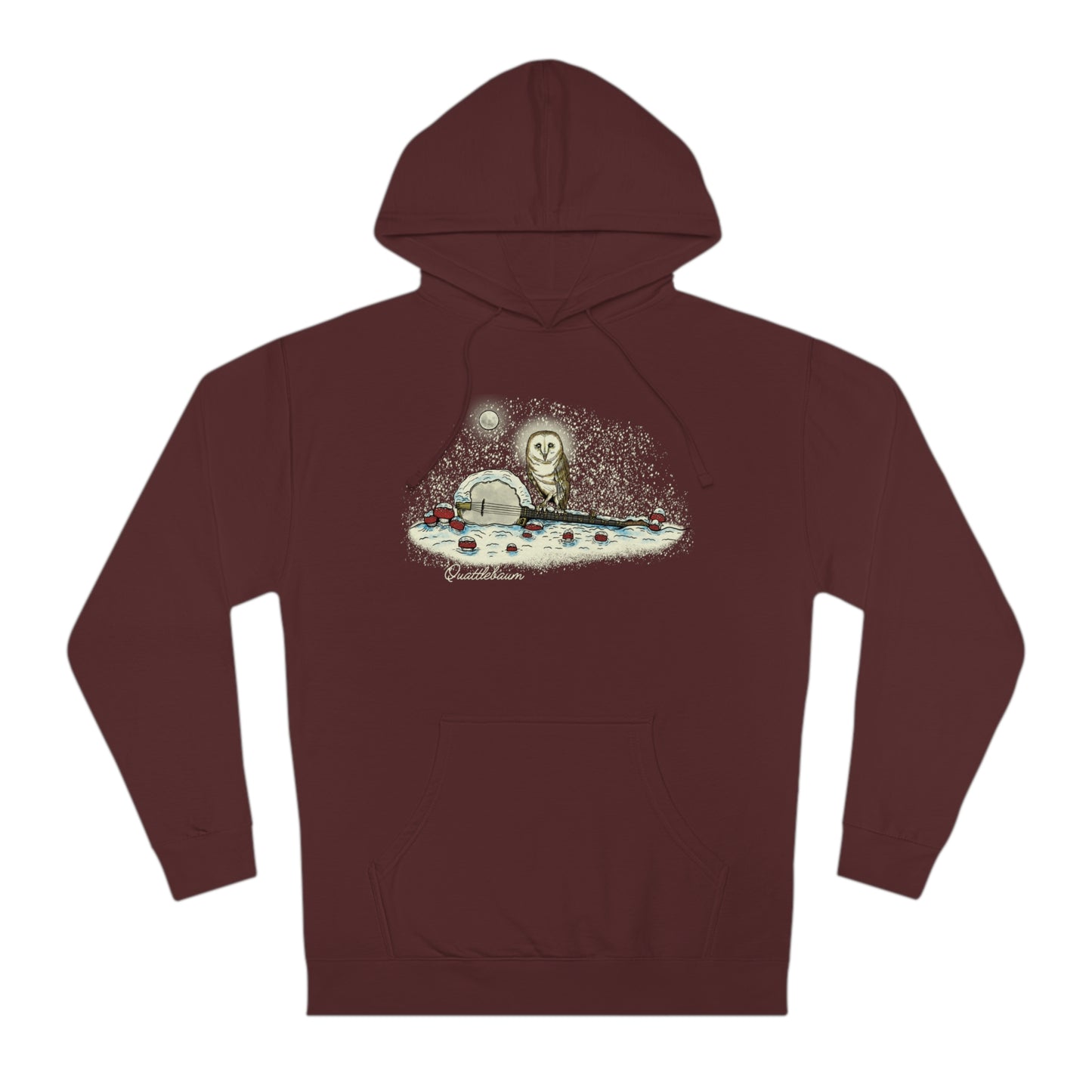 Barn Owl on a Snowy Banjo with Mushrooms! Quattlebaum Hoodie