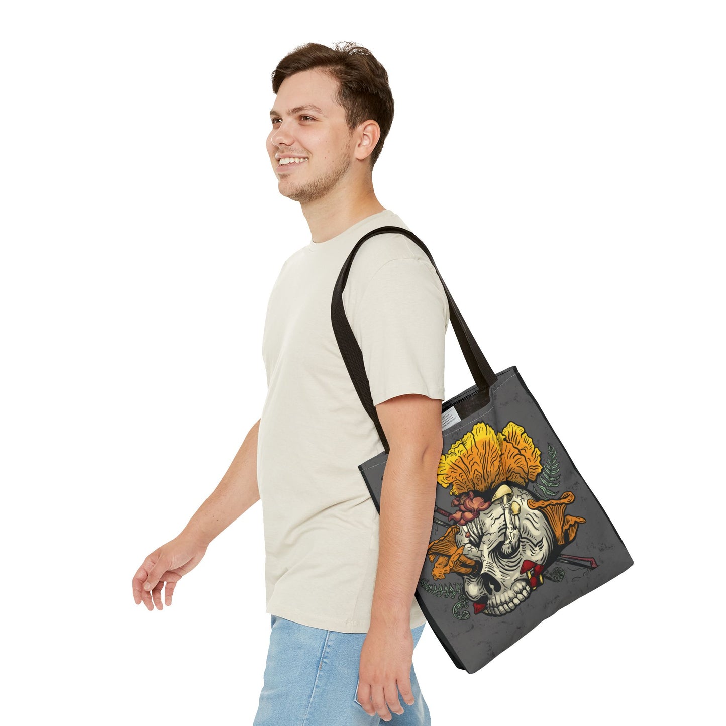 Halloween Skull with Mushrooms Tote Bag Treat Collecter (Skull bursting with chanterelles, witches hat, psilocib3 mushrooms and more)