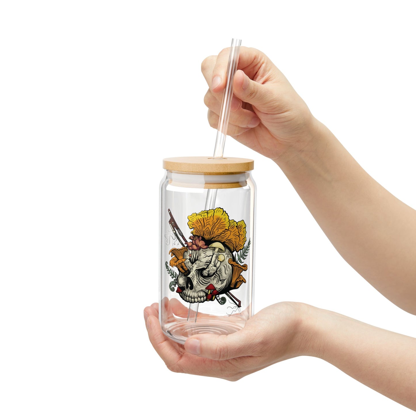 Halloween Skull with Mushrooms 16 0z. Sipper Glass (Skull bursting with chanterelles, witches hat, psilocib3 mushrooms and more)