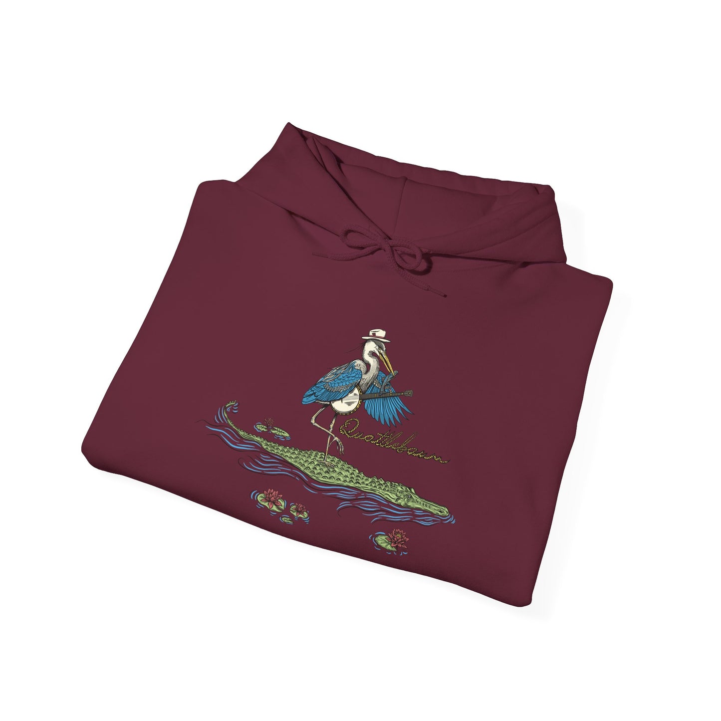 Blue Heron Playing Banjo on an Alligator ~ Quattlebaum Hoodie~