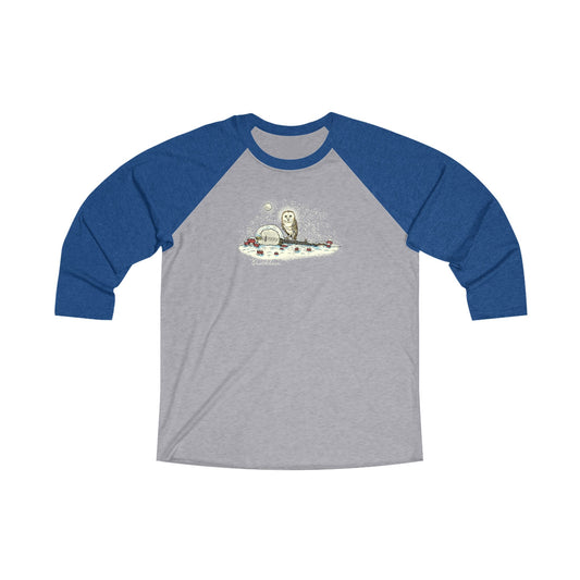 Barn Owl on a Snowy Banjo with Mushrooms ~ Quattlebaum Baseball Tee ~