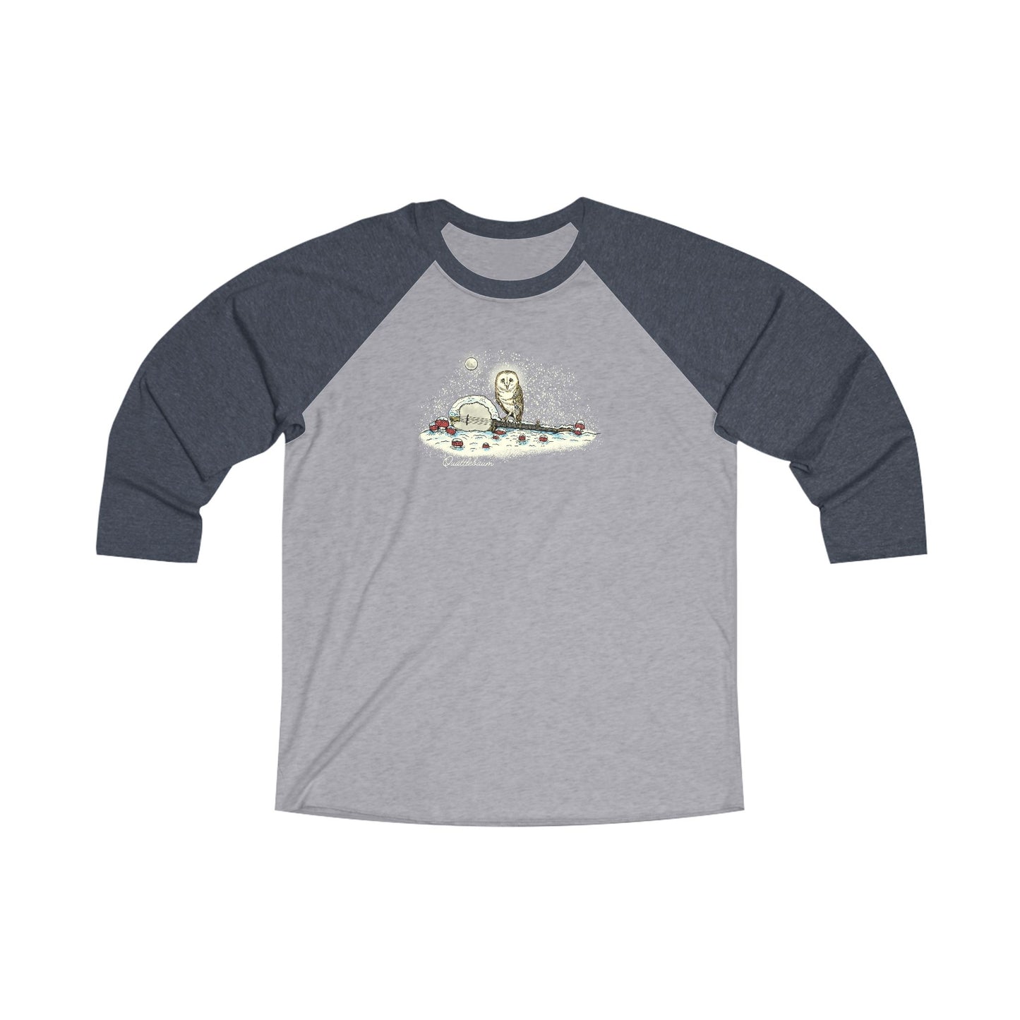 Barn Owl on a Snowy Banjo with Mushrooms ~ Quattlebaum Baseball Tee ~