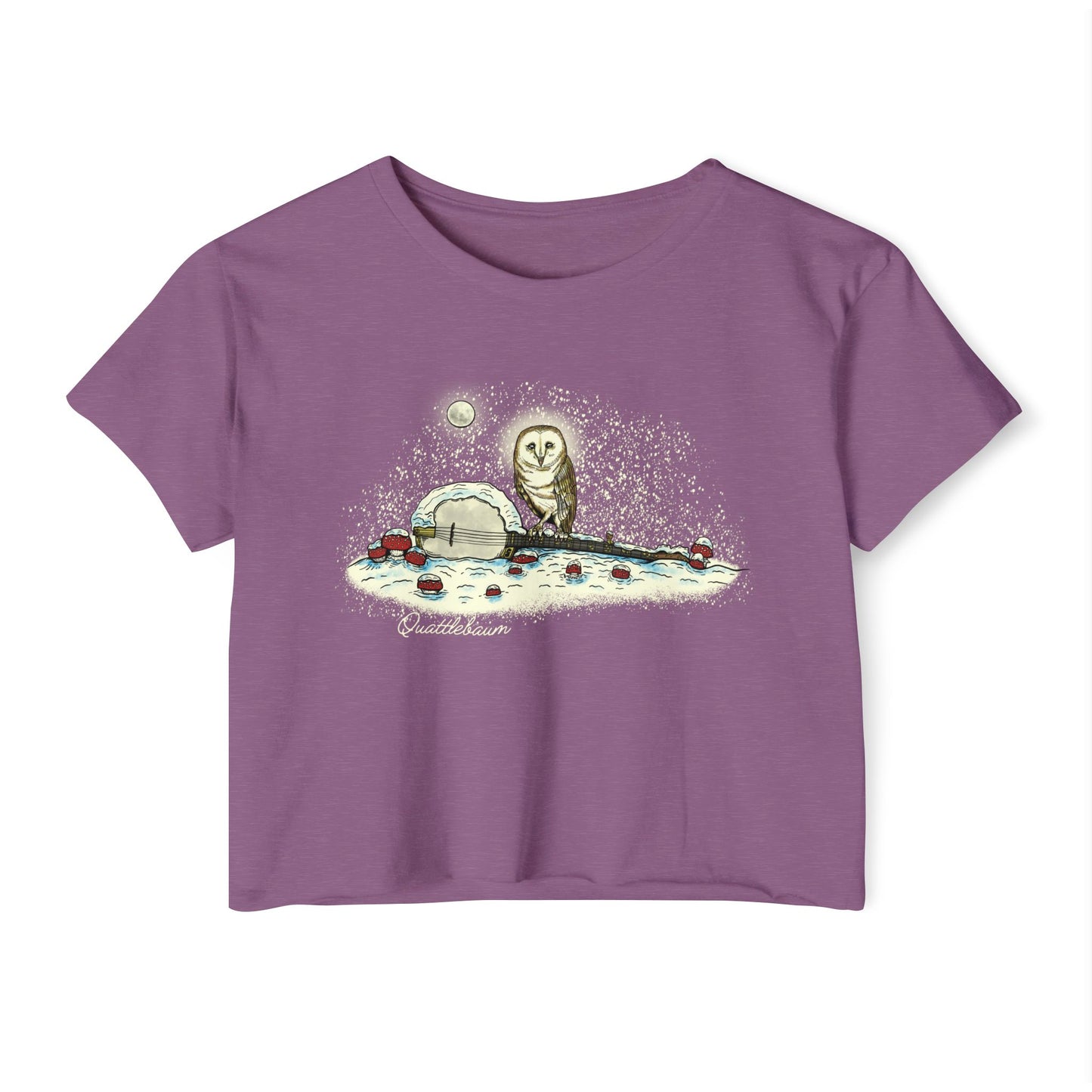 Barn Owl on a Snowy Banjo with Mushrooms! Quattlebaum Crop Top
