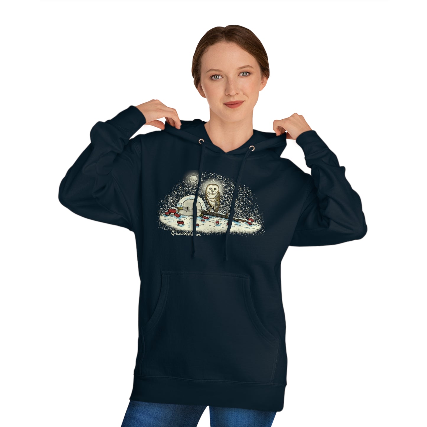 Barn Owl on a Snowy Banjo with Mushrooms! Quattlebaum Hoodie
