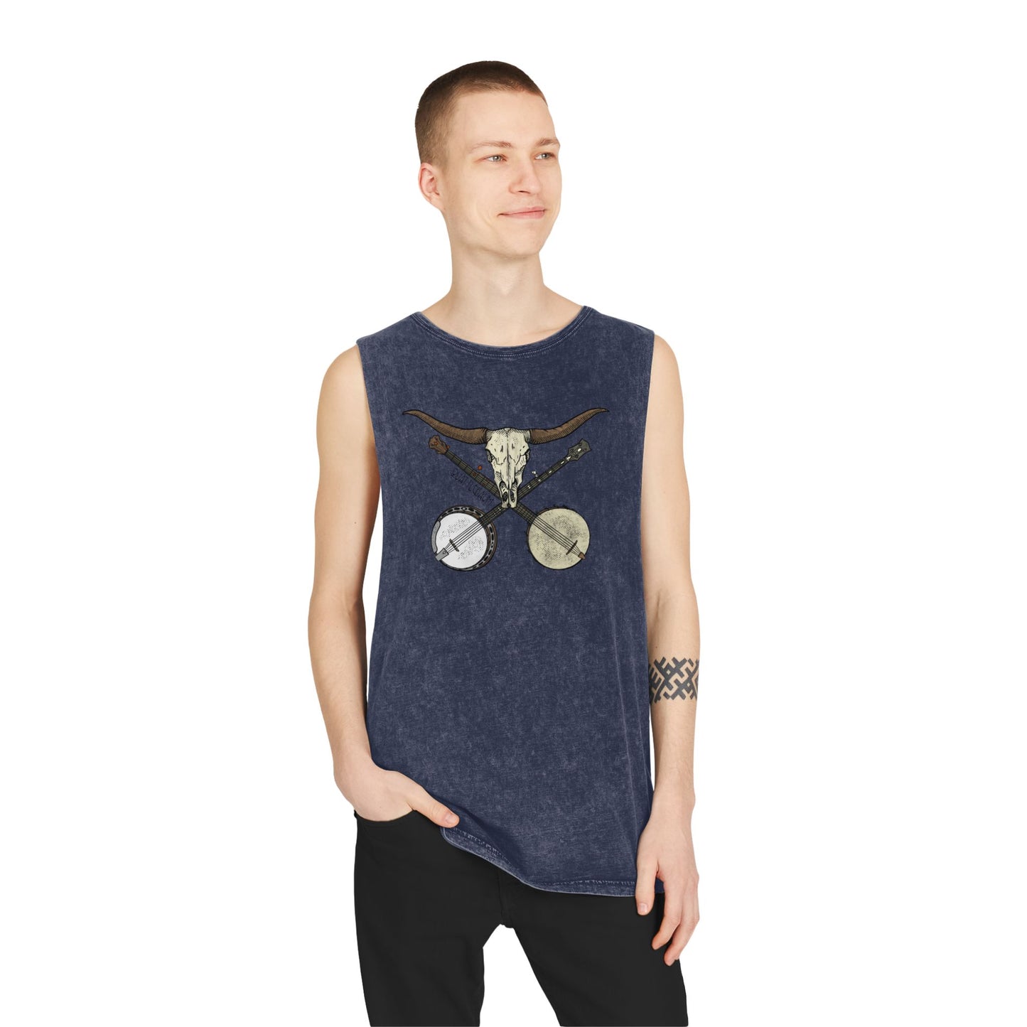 Double Banjo Bull Skull ~ Quattlebaum Stonewash Tank Top ~