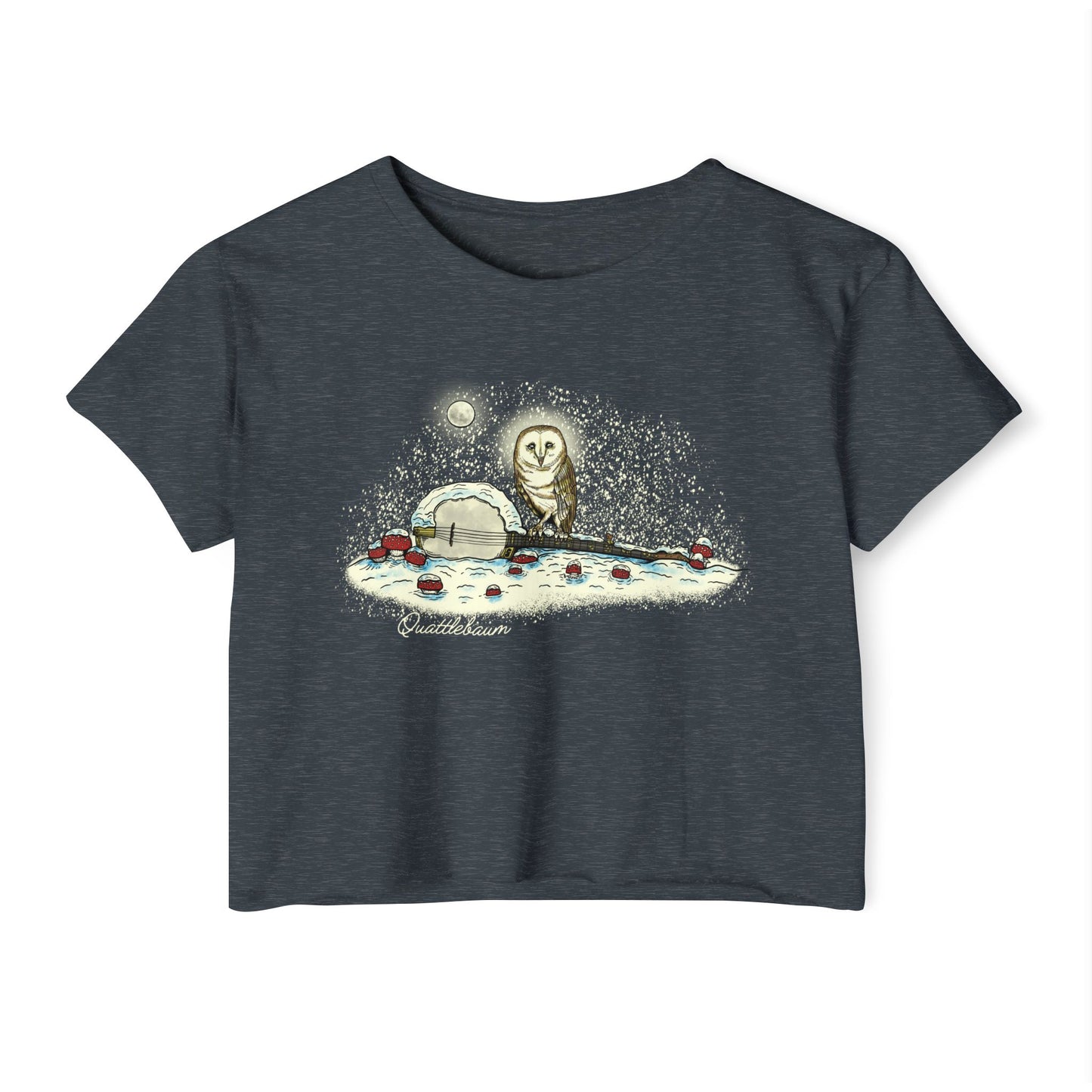Barn Owl on a Snowy Banjo with Mushrooms! Quattlebaum Crop Top