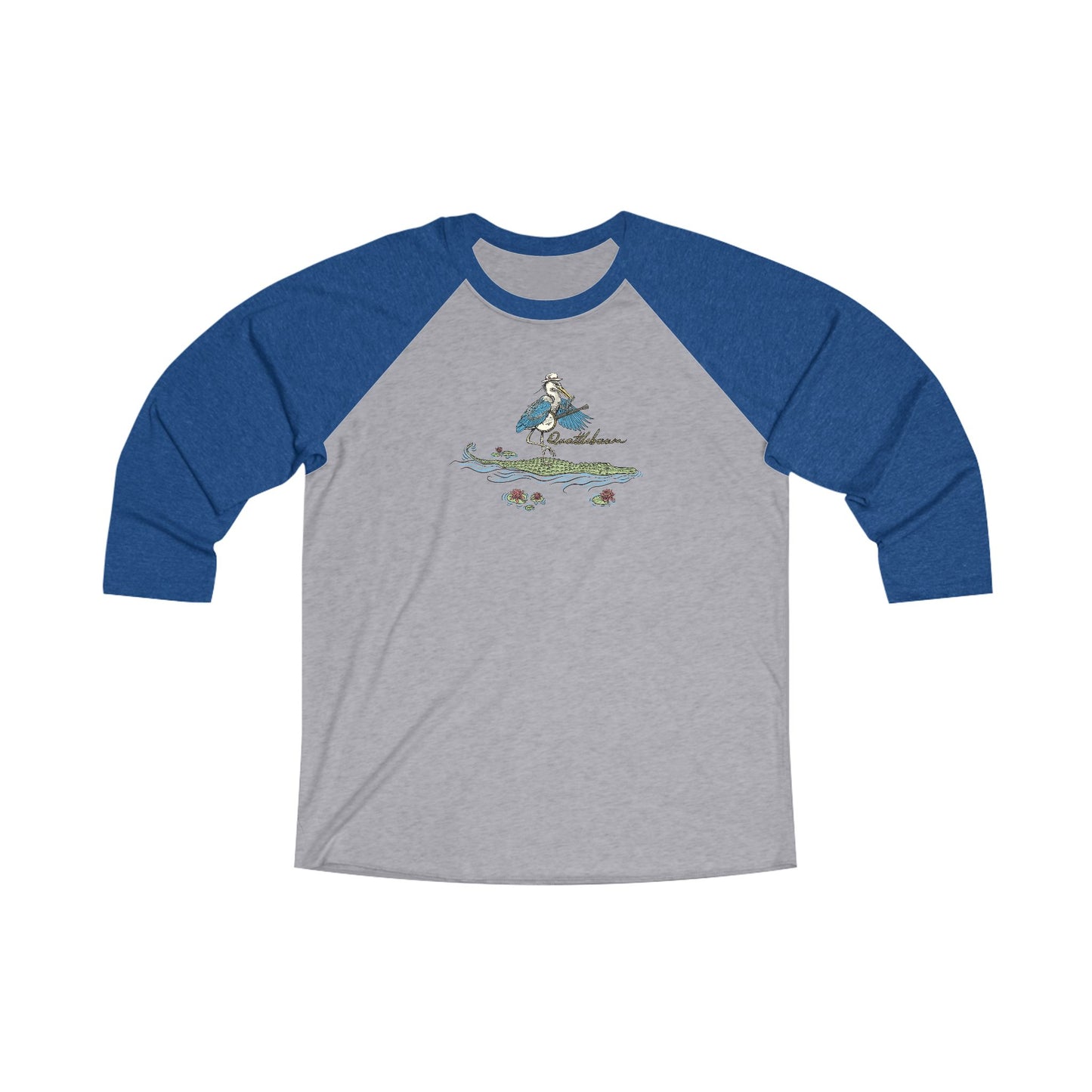 Blue Heron Playing Banjo on an Alligator ~ Quattlebaum Baseball Tee ~