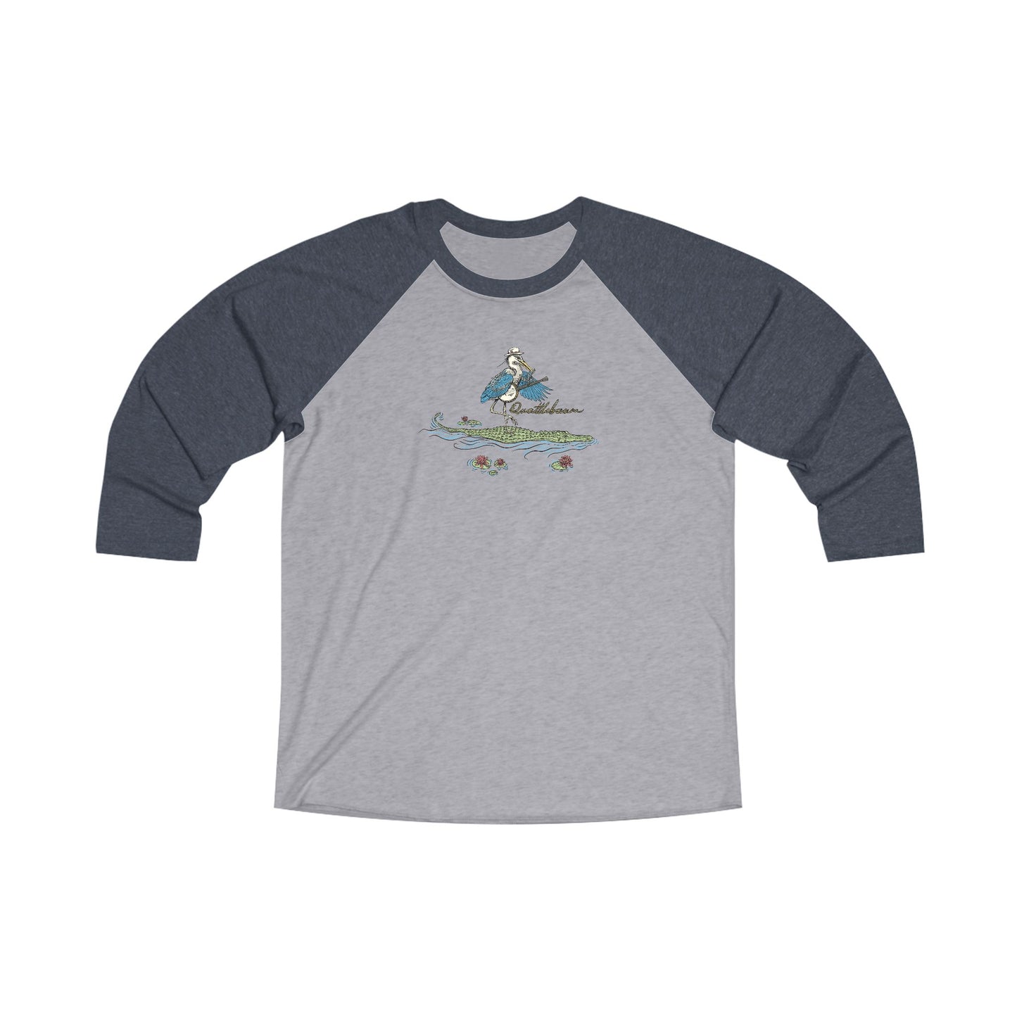 Blue Heron Playing Banjo on an Alligator ~ Quattlebaum Baseball Tee ~