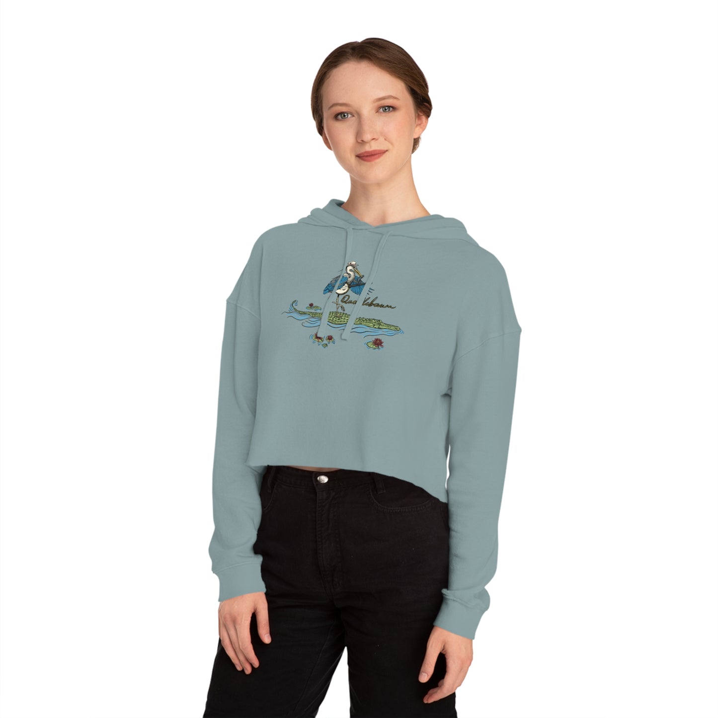 Blue Heron Playing Banjo on an Alligator ~ Quattlebaum Cropped Hoodie ~