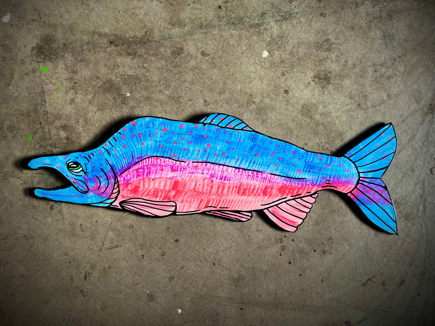 Psychedelic Pink Salmon ~ UV/Blacklight Plywood Art