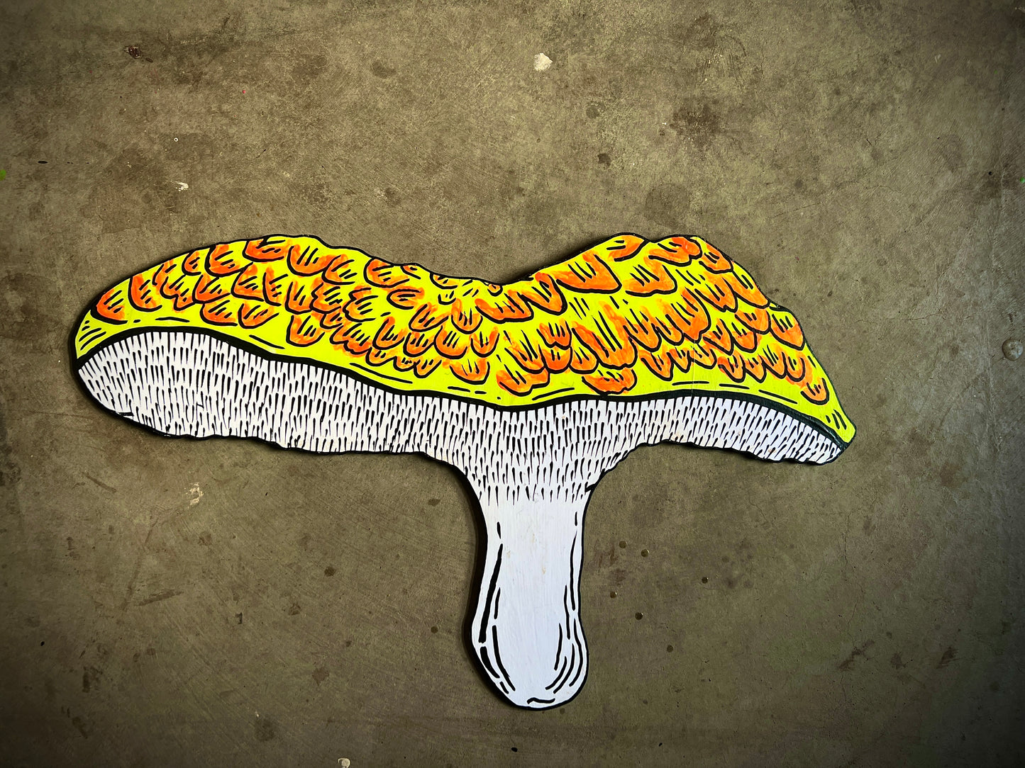 Hawk's Wing Mushroom ~ UV/Blacklight Plywood Art (Sarcodon imbricatus)
