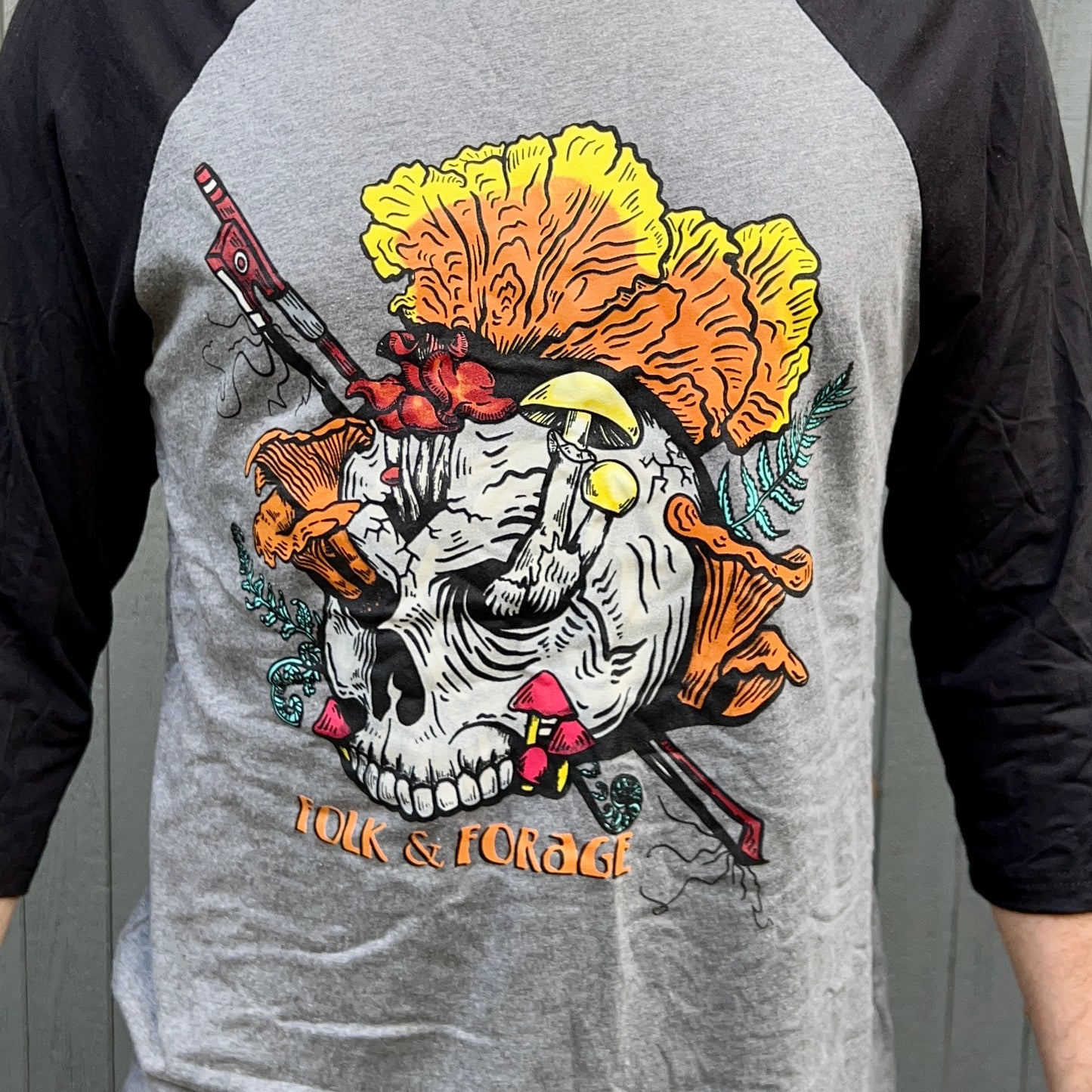 Folk & Forage ~ Skull Growing Mushrooms Baseball Tee